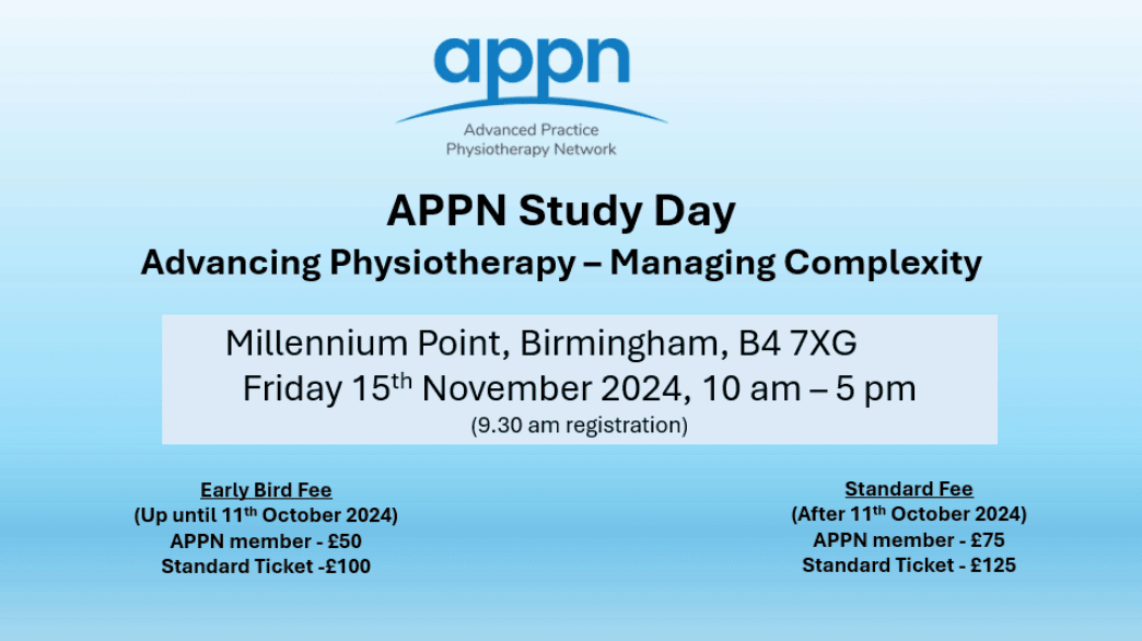 APPN_physio's tweet photo. Places still available. ✨ Book now for this Friday 
£50 APPN Members / £100 Standard Ticket  Book your ticket here 👉https://t.co/FyzC0aEF3U 

Expecting this to be an interesting day about managing complexitity in #healthcare from a #physio perspective. https://t.co/KjL6NLiYAy