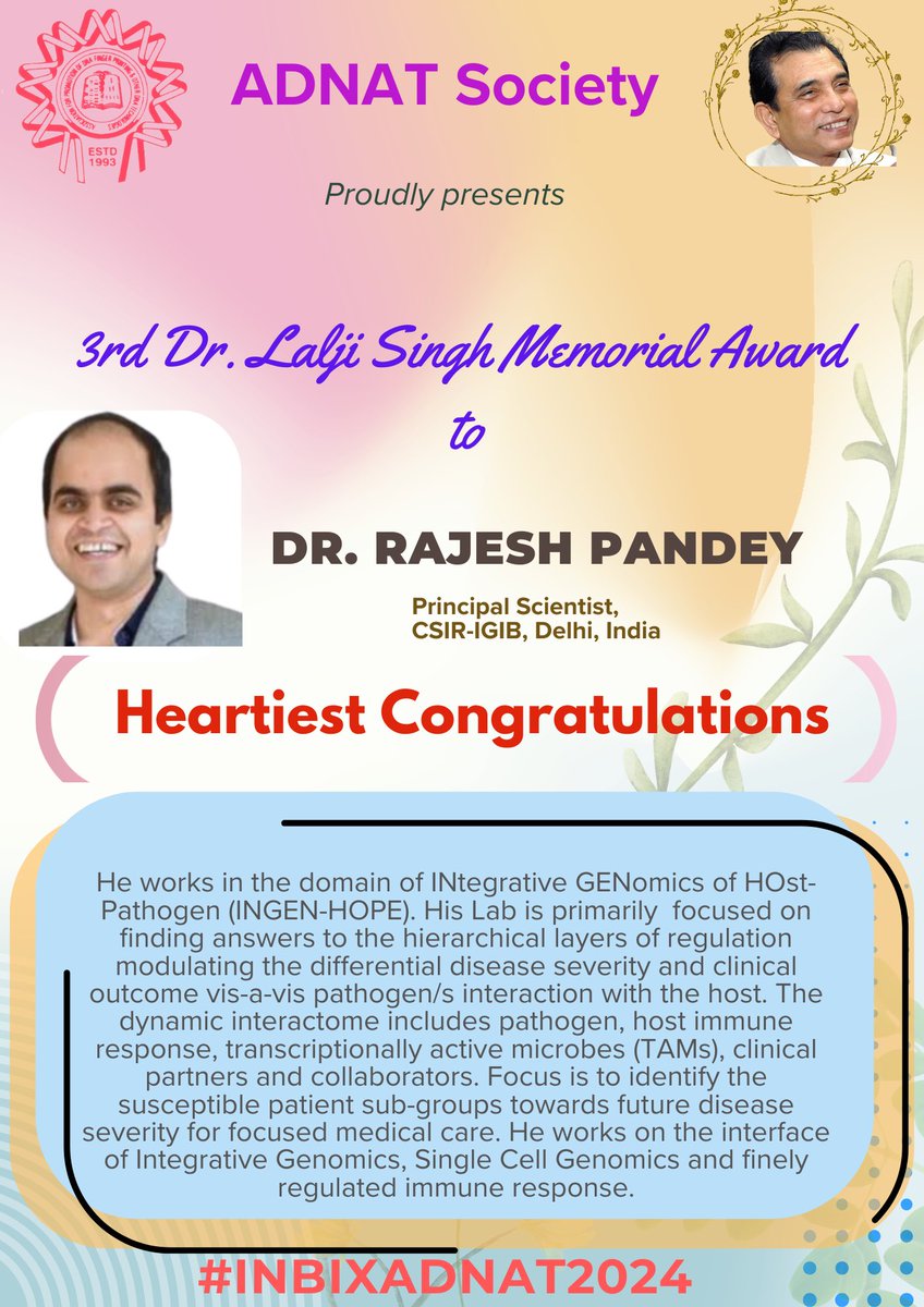 Let's give a big round of applause to Dr. #RajeshPandey <a href="/RajeshPandeyLab/">INtegrative GENomics of HOst-PathogEn Lab</a> <a href="/IGIBSocial/">CSIR-IGIB</a> for receiving the prestigious 3rd #DrLaljiSinghMemorialAward! Your hard work and dedication truly deserve this recognition! 🎉👏 <a href="/InBixAdnat2024/">InBix Adnat</a> <a href="/AdnatSociety/">Adnat_society</a> <a href="/ARanganathan72/">Anand Ranganathan</a> <a href="/CSIR_IND/">CSIR, India</a>