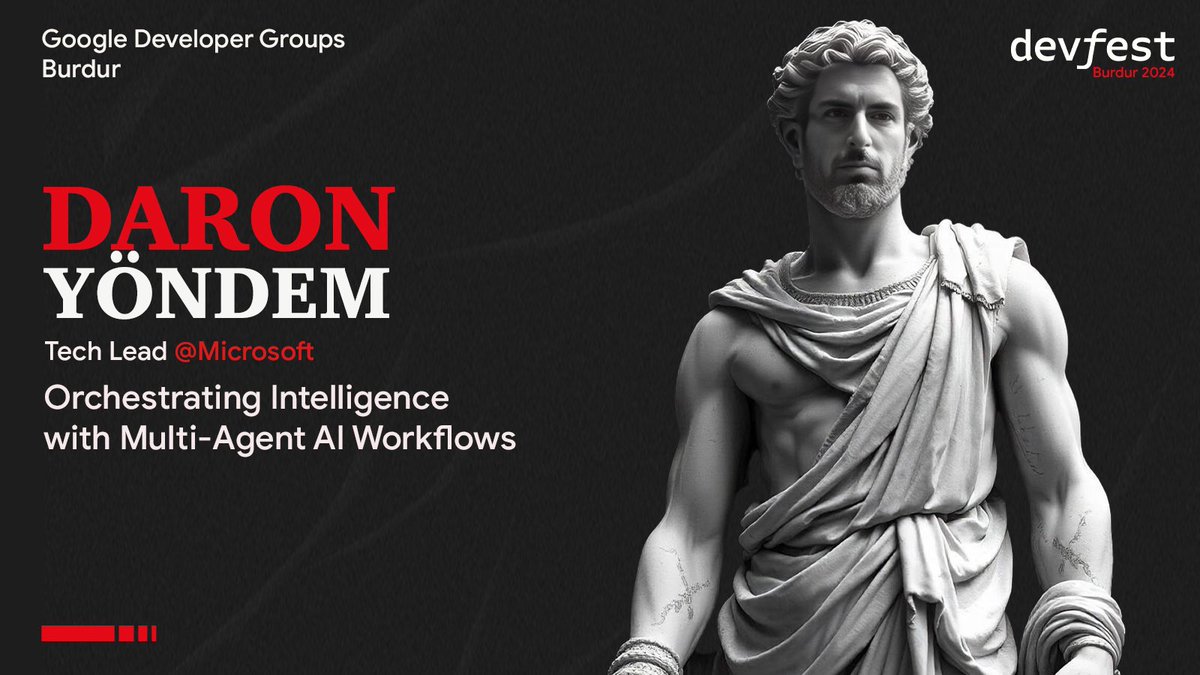 🚀 DevFest Burdur 2024’ün ilk konuşmacısı: Daron Yöndem!
Microsoft Tech Lead’i Yöndem, “Orchestrating Intelligence with Multi-Agent AI Workflows” sunumuyla bizlerle olacak.
Yapay zeka meraklıları, 30 Kasım’da buluşuyoruz!
#DevFestBurdur #AI #GDGBurdur #daronyondem
