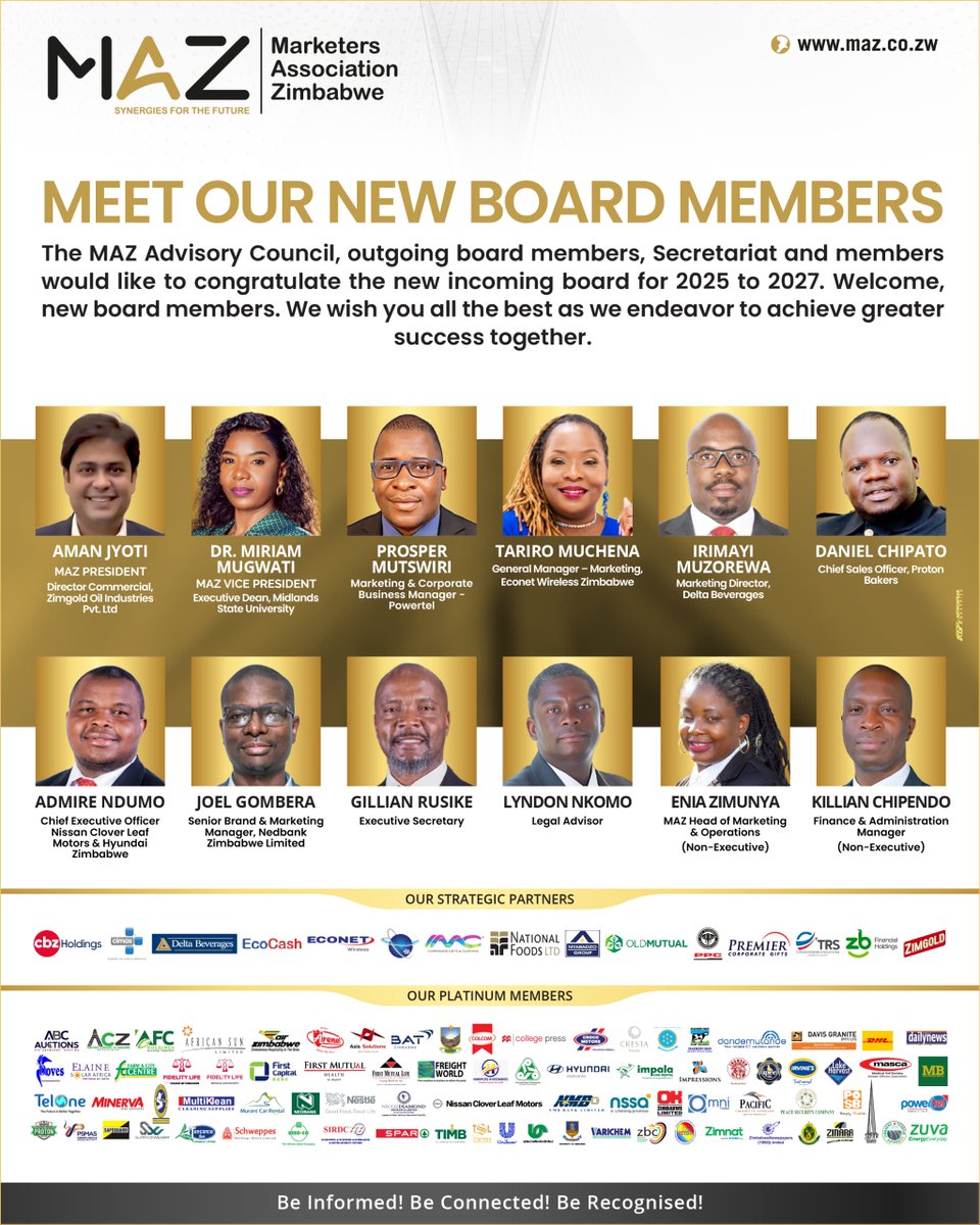 MAZ is pleased to announce the appointment of its new Presidium for 2025-27, committed to fostering innovation, growth, &amp; marketing excellence across Zimbabwe &amp; the broader region. Read more: maz.co.zw/maz-ushers-in-… #MarketingExcellence #Leadership #Innovation #MAZ2025to2027