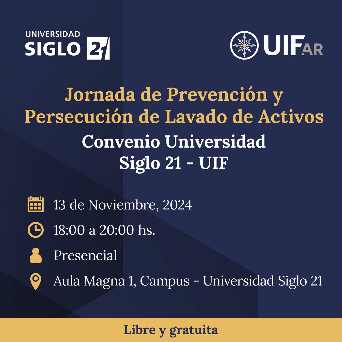 UIF Argentina (@uifargentina) on Twitter photo ℹ️ El próximo miércoles tendrá lugar en el Aula Magna de <a href="/LaSiglo21/">Universidad Siglo 21</a> la Jornada en prevención y persecución del lavado de activos, donde se abordarán aspectos relevantes de la Ley 27.739 y los nuevos sujetos Obligados a informar ante UIF.
👉Inscripción: questionpro.com/t/AV18jZ4gzK ℹ️ El próximo miércoles tendrá lugar en el Aula Magna de <a href="/LaSiglo21/">Universidad Siglo 21</a> la Jornada en prevención y persecución del lavado de activos, donde se abordarán aspectos relevantes de la Ley 27.739 y los nuevos sujetos Obligados a informar ante UIF.
👉Inscripción: questionpro.com/t/AV18jZ4gzK