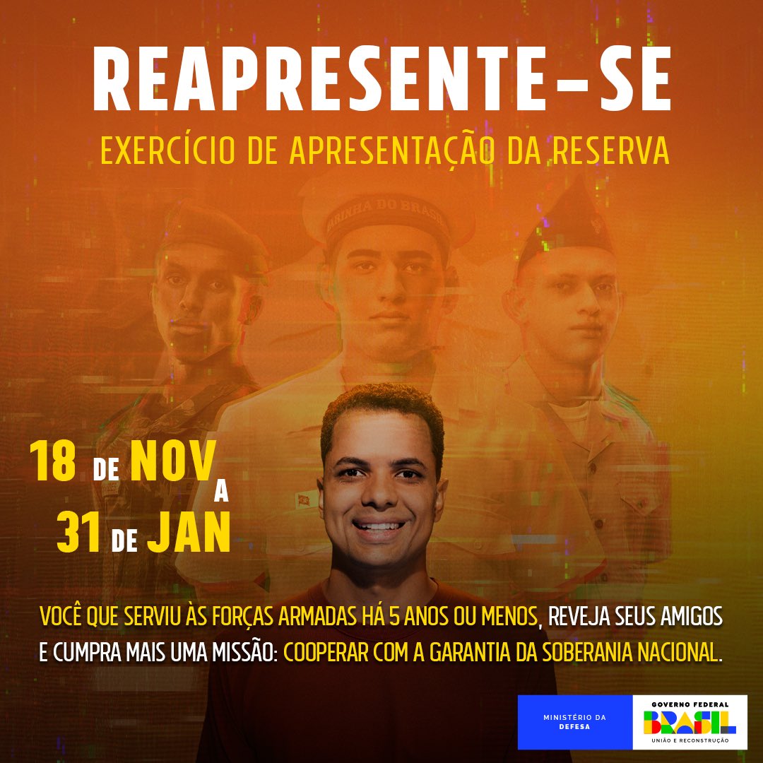 DefesaGovBr's tweet photo. #EXAR | Se você serviu à @marmilbr, ao @exercitooficial ou à @fab_oficial nos últimos 5 anos, você deve atualizar seus dados junto às Forças Armadas entre os dias 18 de novembro e 31 de janeiro.
📲 Saiba mais sobre o Exercício de Apresentação da Reserva: https://t.co/WkU8UR7wB7 https://t.co/xEuEqMCr8U