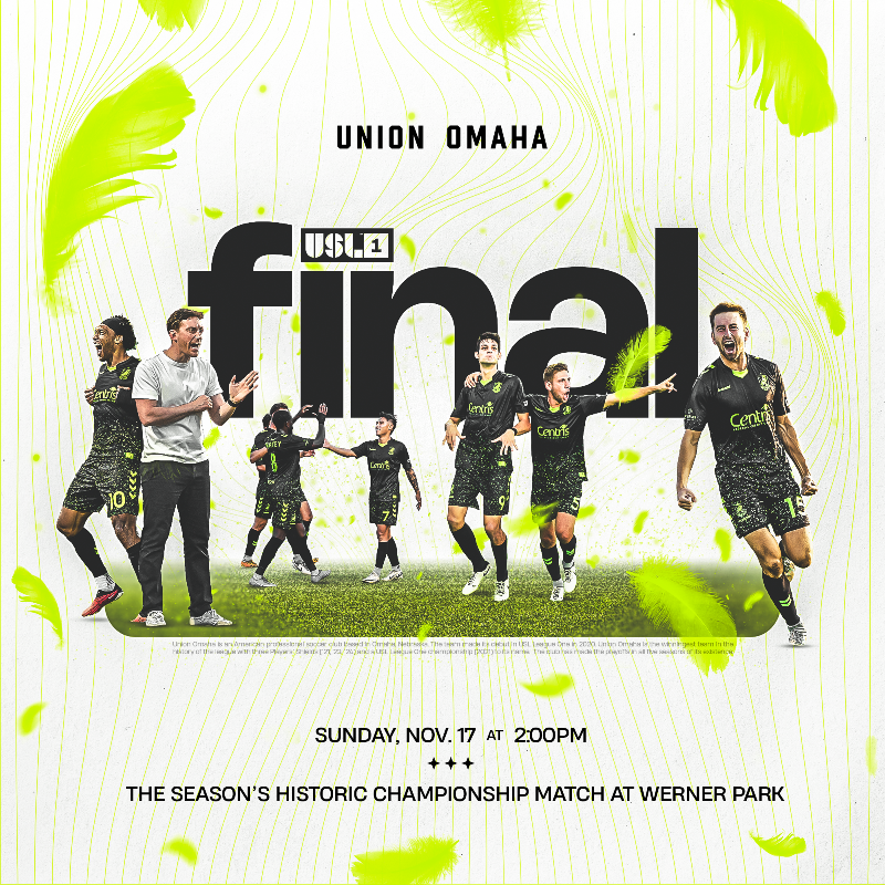 Union_Omaha's tweet photo. One more match to decide it all! ☝️

Be here at Werner Park on Sunday, 11/17 at 2pm for the final act in our pursuit of a second @USLLeagueOne title! Let's bring another trophy to Omaha! 😤

#OneMeansAll