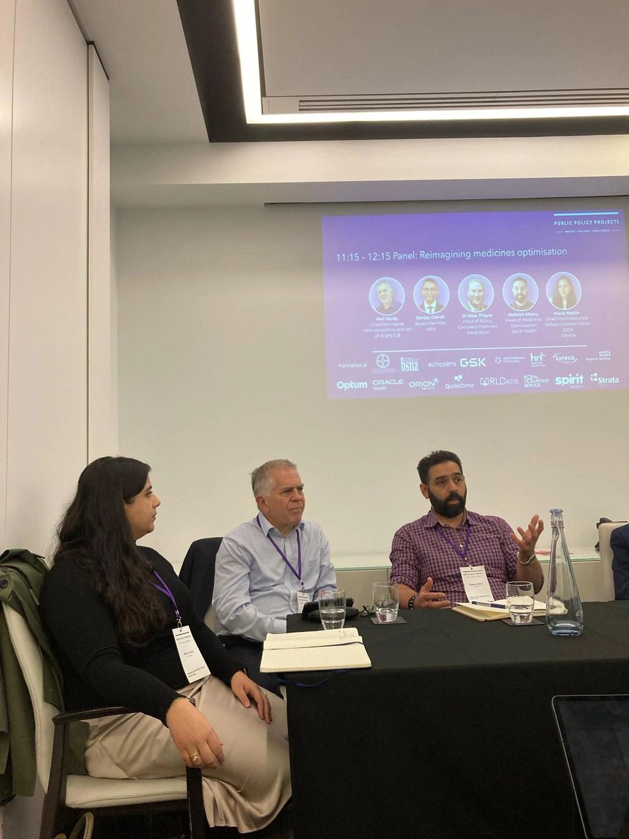 Great discussion at <a href="/Policy_Projects/">Public Policy Projects</a> last week on reimagining medicines optimisation with Maria, Sanjay, Nick and @neilhardy999. We covered deprescribing, community pharmacy's role, reducing inequality, industry collaboration, and more.

A packed session!👏