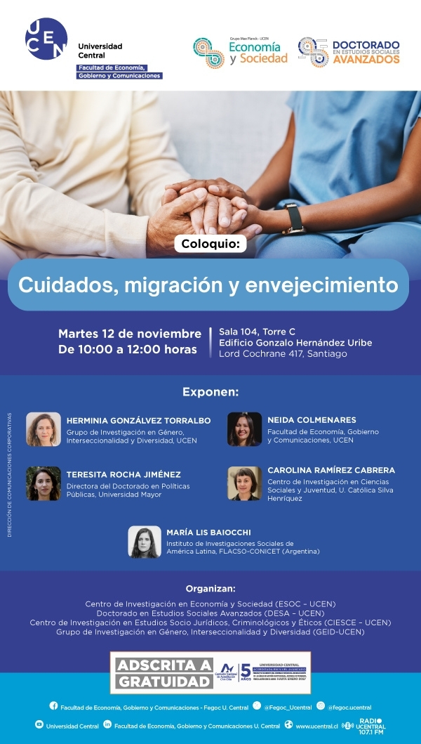 CISJU UCSH (@cisjuucsh) on Twitter photo 📌La investigadora CISJU UCSH y directora del Magister en Intervención Social, Dra. Carolina Ramírez, participará en el coloquio "Cuidados, migración y envejecimiento", que se realizará en <a href="/ucentral_cl/">Universidad Central de Chile</a>
📌La cita es mañana 12 de noviembre a las 10 am
<a href="/DiarioMayor/">Diario Mayor</a> <a href="/FLACSOARGENTINA/">FLACSO Argentina</a> 📌La investigadora CISJU UCSH y directora del Magister en Intervención Social, Dra. Carolina Ramírez, participará en el coloquio "Cuidados, migración y envejecimiento", que se realizará en <a href="/ucentral_cl/">Universidad Central de Chile</a>
📌La cita es mañana 12 de noviembre a las 10 am
<a href="/DiarioMayor/">Diario Mayor</a> <a href="/FLACSOARGENTINA/">FLACSO Argentina</a>