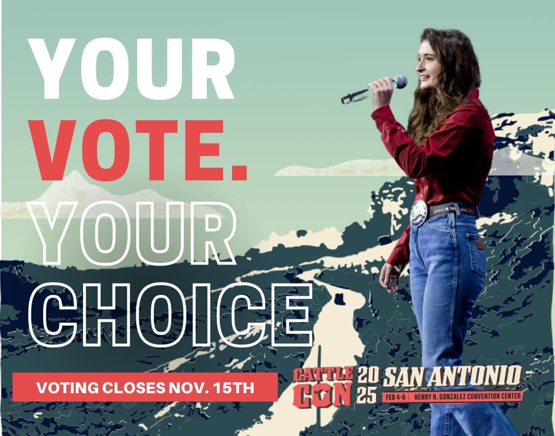 TwoSparksCC's tweet photo. Don’t forget to vote for the National Anthem Contest, sponsored by Norbrook! 🇺🇸

You can cast your vote once a day to support your favorite finalist. Voting closes on November 15th at https://t.co/2CdlaxK6yt. 

#cattlecon25 #vote #NCBA #partner https://t.co/mVMxvFOhJp