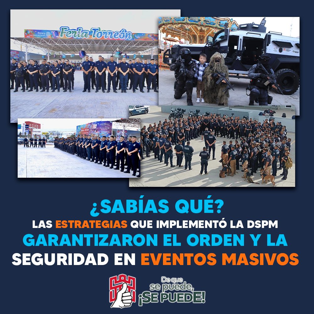 DSPMTorreon's tweet image. En #Torreón, disfrutar de eventos masivos🏟️ es más seguro. Implementamos operativos con la finalidad de mantener el orden y lograr saldo blanco🏳️

#EventosMasivos 🏟️ #DeQueSePuedeSePuede 👍 #TorreónSiemprePuede 🙌