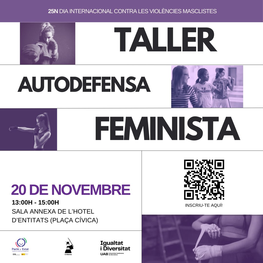 Servei d'Igualtat i Diversitat de la UAB (@igualtat_uab) on Twitter photo Desde el Servei d'Igualtat i Diversitat de la UAB organitzem el taller d'autodefensa personal feminista amb <a href="/autodef_biterna/">Biterna Autodefensa</a> ‼️
Dia 20 de Novembre a la Sala Annexa.
Hora: de 13h a 15h
INSCRIPCIONS OBERTES🟣
#25N #feminisme Desde el Servei d'Igualtat i Diversitat de la UAB organitzem el taller d'autodefensa personal feminista amb <a href="/autodef_biterna/">Biterna Autodefensa</a> ‼️
Dia 20 de Novembre a la Sala Annexa.
Hora: de 13h a 15h
INSCRIPCIONS OBERTES🟣
#25N #feminisme