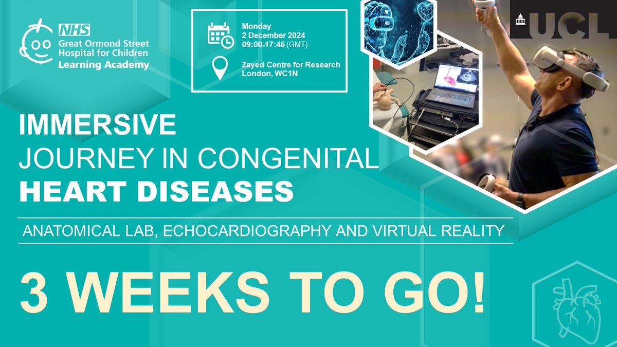 Only 3 weeks to go until our Immersive Journey in Congenital Heart Diseases: Anatomical Lab, Echocardiography and Virtual Reality course on 2 Dec. Led by experts from GOSH and UCL, this unique training covers anatomical variability in ASD, VSD, and DORV.

courses.gosh.org/event/immersiv…