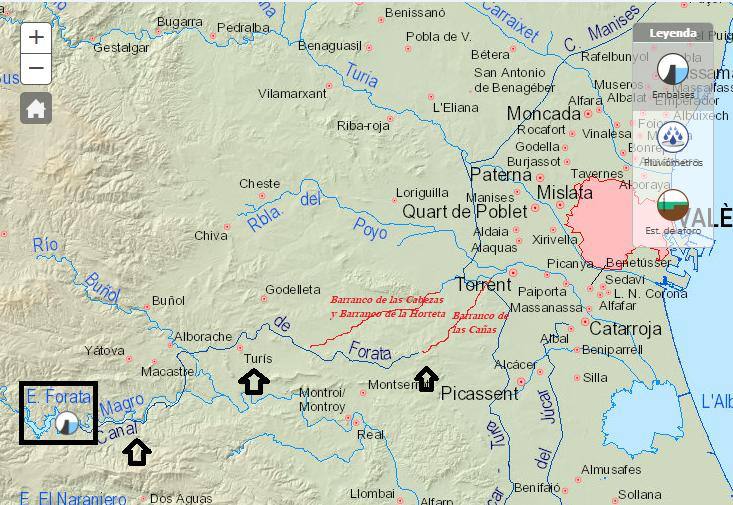 Desde la presa FORATA, hay un canal Forata, que desemboca en los Barrancos Cabezas-Horteta y al Barranco de Las Cañas. 
Ambos desembocan a la Rambla del Poyo (como muestra la imagen adjunta)
Tienen que añadir además la apertura de compuertas en los embalses de Buseo y Loriguilla