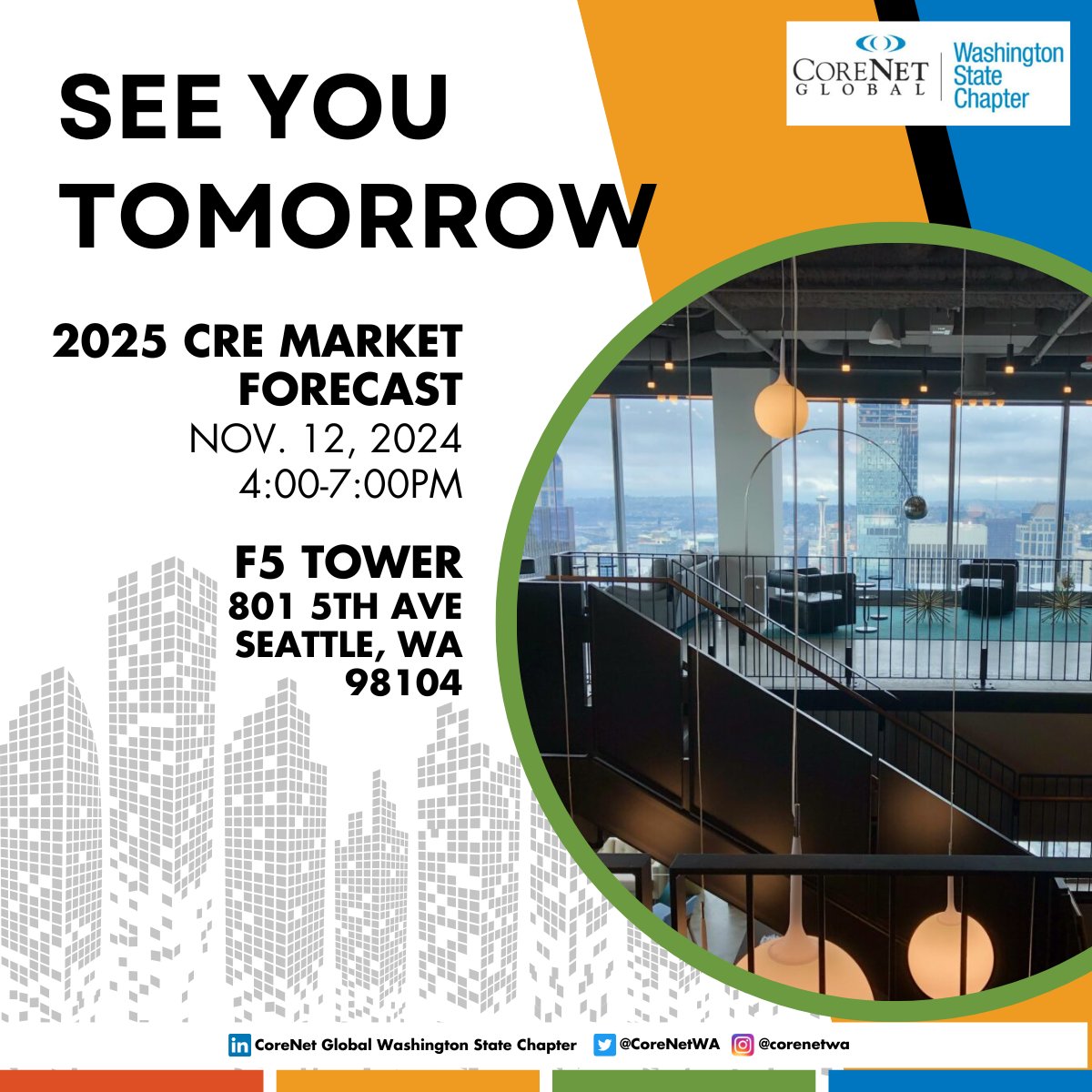 🚨 Last Chance! 🚨 Join us tomorrow for the CRE Market Forecast at F5 Tower, 4-7 PM. Speakers Rob Nielsen (JLL), Bennie Ed Cunningham (Onni Group), and David Kutsunai (IA Architects) will cover RTO trends, safety, cost strategies, and more. Spots are almost gone—register now!