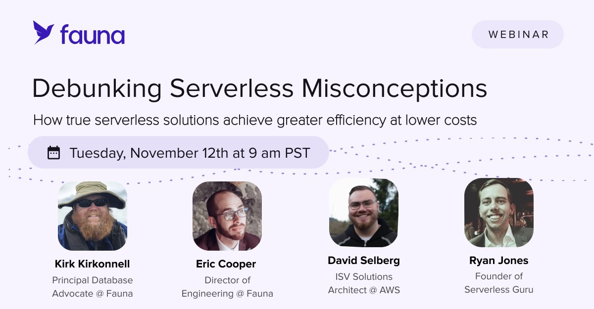 fauna's tweet image. 🚨 Last Call to Register! 🚨
Tomorrow, Nov 12 | 9:00 AM PST
Join experts from @serverlessguru, Fauna, & @awscloud for a live webinar and learn how to unlock the full potential of serverless! Register here: buff.ly/4eb5ot6
#serverless #modernapps #AWSserverless