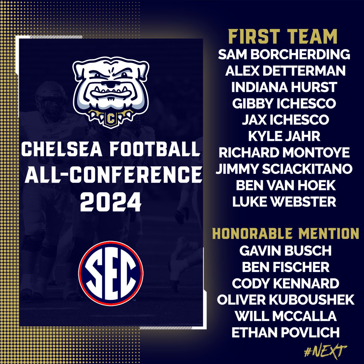 In addition to being SEC White Champions, Chelsea Football would like to congratulate these players for being named SEC All Conference!