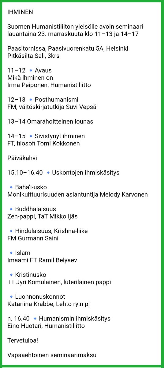 humanistiliitto's tweet photo. Tervetuloa seminaariimme 23. marraskuuta klo 11.

Pohdintoja ihmisyydestä ja katsomuksista.

Helsinki, Paasitorni. https://t.co/U9hytoic1a