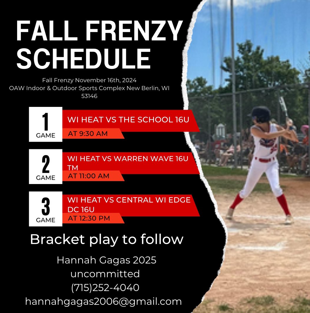 Hannah Gagas (@hannahgagas) on Twitter photo Tournament week! November 16th Fall Frenzy Round-Robin. I’ll be playing with WI Heat Fastpitch- #2 H.GAGAS
<a href="/UWP_Softball/">Parkside Softball</a> <a href="/packwsoftball/">WolfPack Softball</a> <a href="/CSS_Softball/">CSS Softball</a> <a href="/UWWSoftball/">Warhawk Softball</a> <a href="/SBRRetweets/">Softball Recruiting Reposts</a> <a href="/prepprospect1/">The Prep Prospect Report</a> <a href="/Sports_Recruits/">SportsRecruits</a> #2025uncommitted #softball Tournament week! November 16th Fall Frenzy Round-Robin. I’ll be playing with WI Heat Fastpitch- #2 H.GAGAS
<a href="/UWP_Softball/">Parkside Softball</a> <a href="/packwsoftball/">WolfPack Softball</a> <a href="/CSS_Softball/">CSS Softball</a> <a href="/UWWSoftball/">Warhawk Softball</a> <a href="/SBRRetweets/">Softball Recruiting Reposts</a> <a href="/prepprospect1/">The Prep Prospect Report</a> <a href="/Sports_Recruits/">SportsRecruits</a> #2025uncommitted #softball