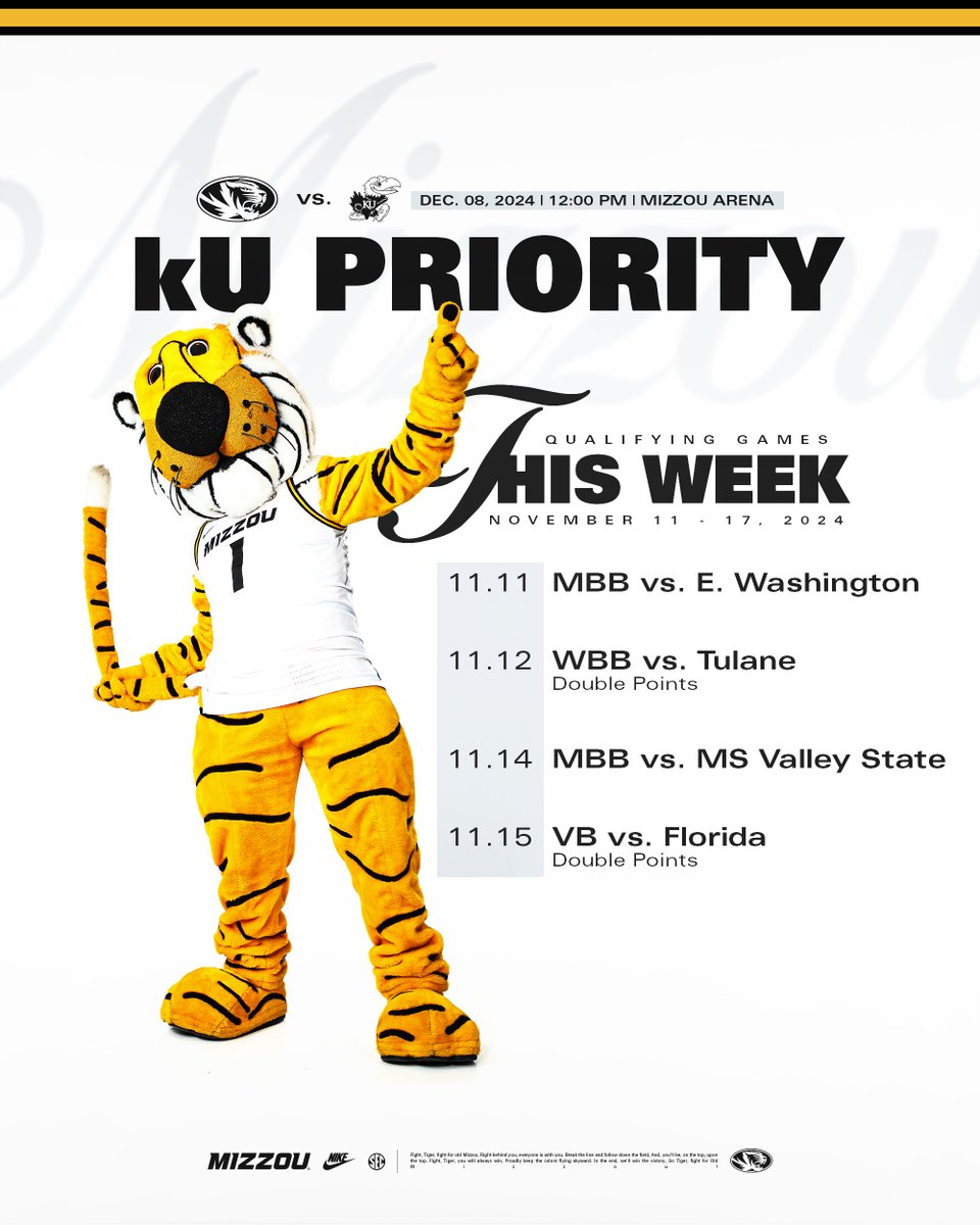 Mizzou Athletics (@mizzouathletics) on Twitter photo Start racking up those points to earn your spot for the <a href="/MizzouHoops/">Mizzou Hoops</a> game against kU on Dec. 8!
Two opportunities for double points this week & free food for students at the men's basketball game tonight 👀
Claim your MBB Tickets ➡️ mutigers.com/MBBStudentTix
#MIZ 🐯 Start racking up those points to earn your spot for the <a href="/MizzouHoops/">Mizzou Hoops</a> game against kU on Dec. 8!
Two opportunities for double points this week & free food for students at the men's basketball game tonight 👀
Claim your MBB Tickets ➡️ mutigers.com/MBBStudentTix
#MIZ 🐯