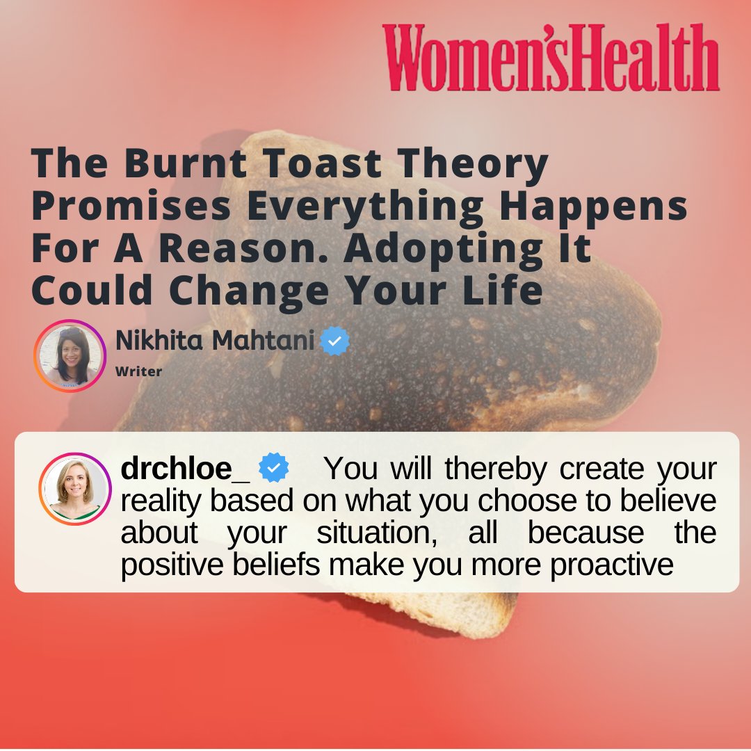 🌟 Have you ever thought that a minor mishap could actually be a blessing in disguise? I recently shared my insights with <a href="/WomensHealthMag/">Women's Health</a>  for an article by <a href="/NikhitaMahtani/">Nikhita Mahtani</a>  on the “Burnt Toast Theory.” This fascinating perspective suggests that even small setbacks can be life’s