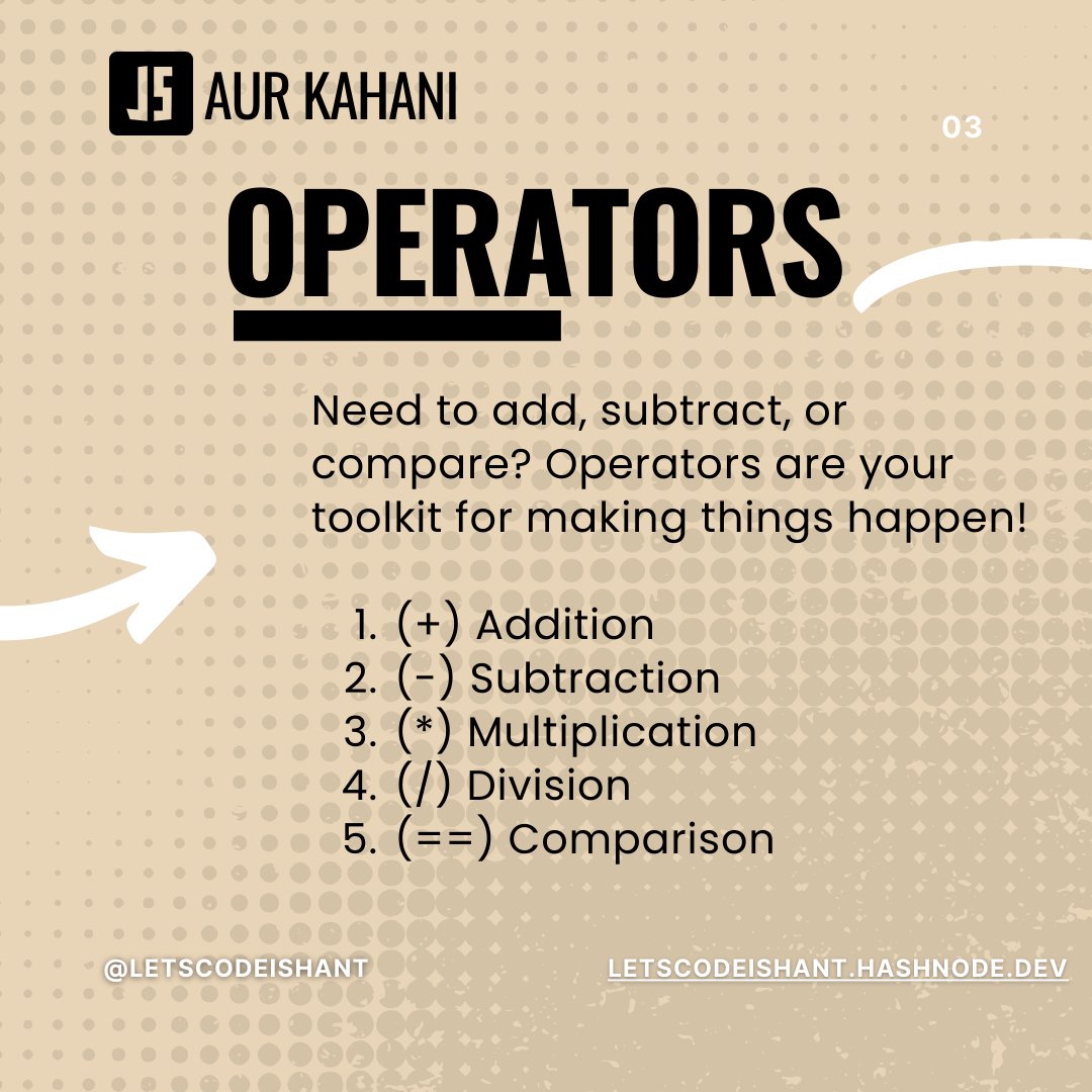 letscodeIshant's tweet image. 🚀 JavaScript Basics: Syntax & Operators! 🚀
Want to learn JavaScript? Start with the essentials: syntax and operators! #JavaScriptBasics #JavaScriptAurKahani #LearnToCode #javascript #code #codinglife #development
