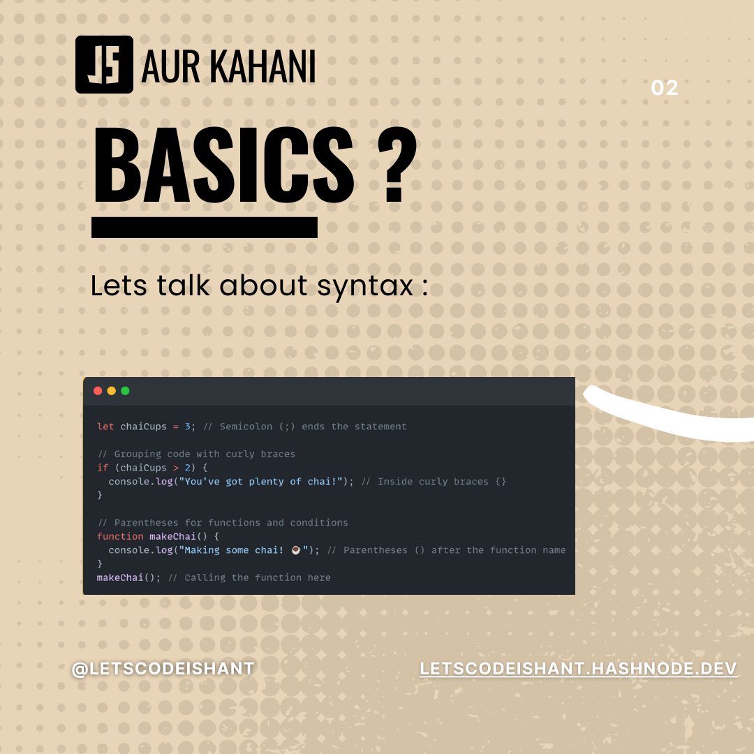 letscodeIshant's tweet image. 🚀 JavaScript Basics: Syntax & Operators! 🚀
Want to learn JavaScript? Start with the essentials: syntax and operators! #JavaScriptBasics #JavaScriptAurKahani #LearnToCode #javascript #code #codinglife #development