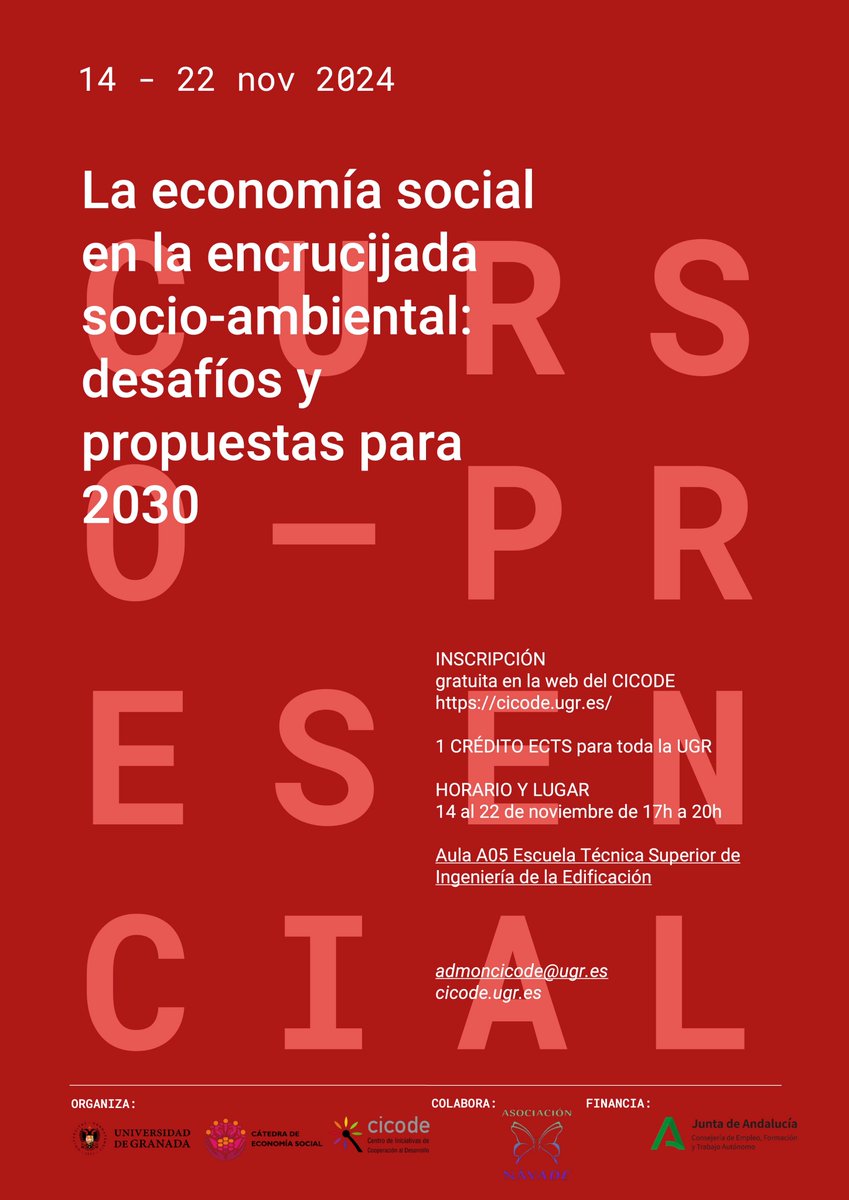 Alberto Matarán Ruiz (@albertomataran) on Twitter photo ¡Últimas plazas! Curso gratis en UGR
La economía social en la encrucijada socio-ambiental: desafíos y propuestas para 2030 14-22 Nov.
<a href="/MonicaMorenoFig/">Dr. Monica Moreno Fig...</a>
Mamen Cuéllar, Alicia Calderón, Josefa Sánchez Contreras, MaPi Tudela, Roxana García, Clarisa Suazo INSC forms.gle/FVYLkhct9o7rHP… ¡Últimas plazas! Curso gratis en UGR
La economía social en la encrucijada socio-ambiental: desafíos y propuestas para 2030 14-22 Nov.
<a href="/MonicaMorenoFig/">Dr. Monica Moreno Fig...</a>
Mamen Cuéllar, Alicia Calderón, Josefa Sánchez Contreras, MaPi Tudela, Roxana García, Clarisa Suazo INSC forms.gle/FVYLkhct9o7rHP…