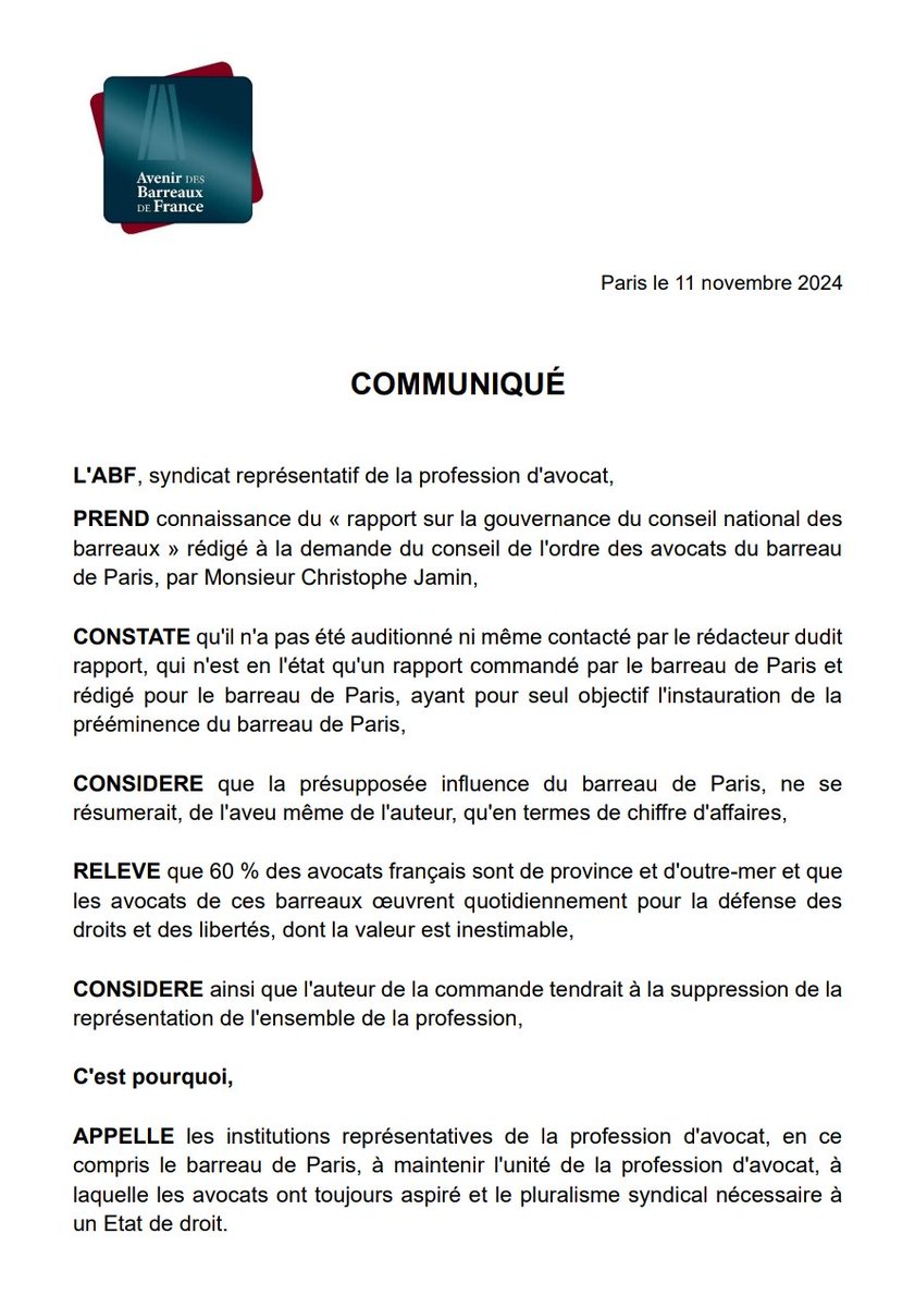Au nom des 60 % des avocats de province, l'ABF s'élève contre le rapport Jamin, commandé par le barreau de Paris pour asseoir sa prétendue prééminence financière