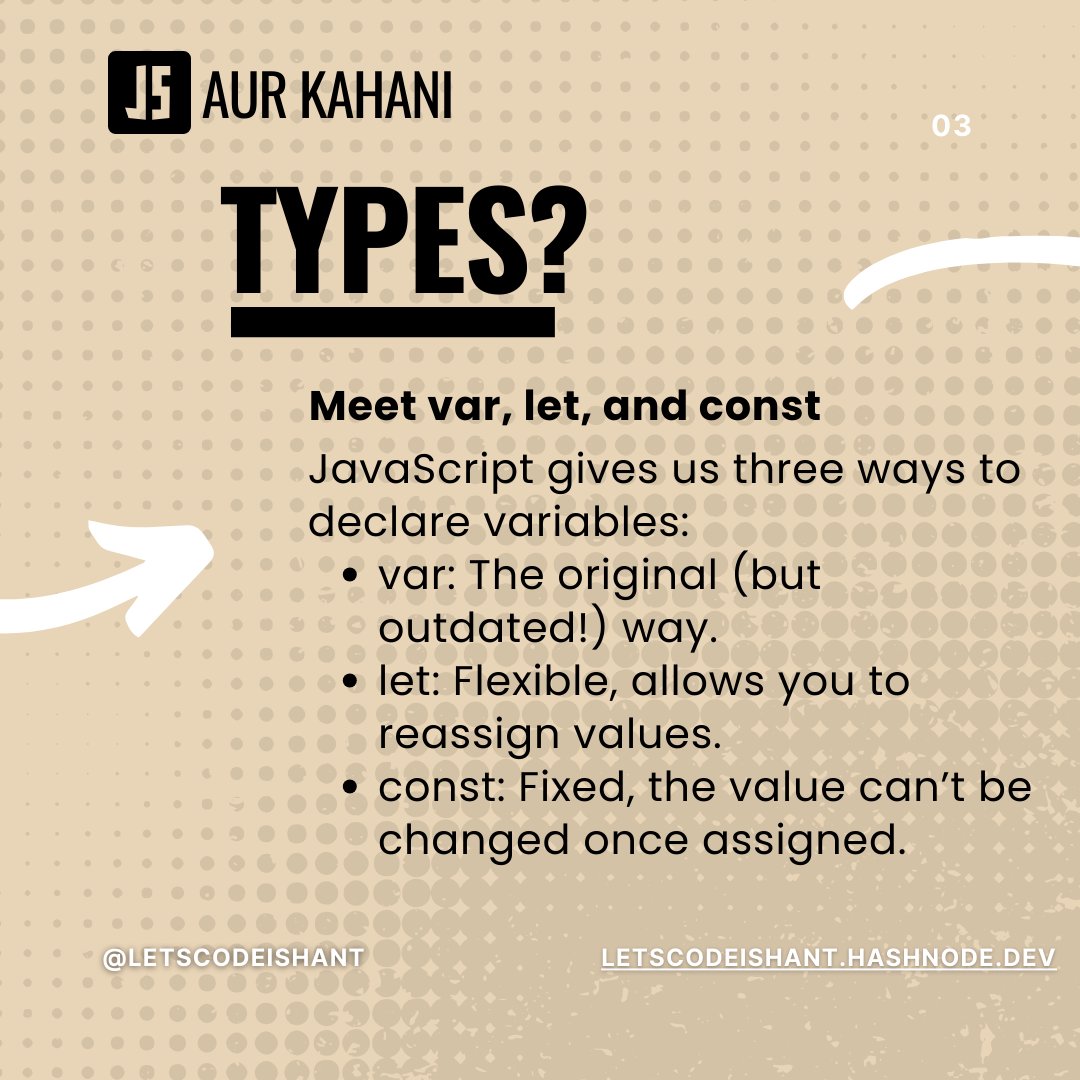 letscodeIshant's tweet image. JavaScript Variable Showdown: var vs. let vs. const!
Learning JavaScript? Start with the essentials: variables!
#JavaScriptBasics #JavaScriptAurKahani #LearnToCode #javascript #code #codinglife #development