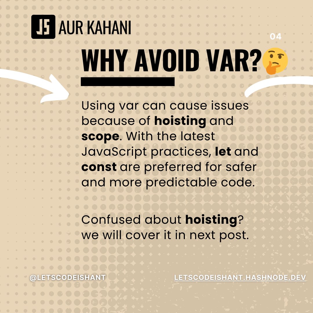 letscodeIshant's tweet image. JavaScript Variable Showdown: var vs. let vs. const!
Learning JavaScript? Start with the essentials: variables!
#JavaScriptBasics #JavaScriptAurKahani #LearnToCode #javascript #code #codinglife #development