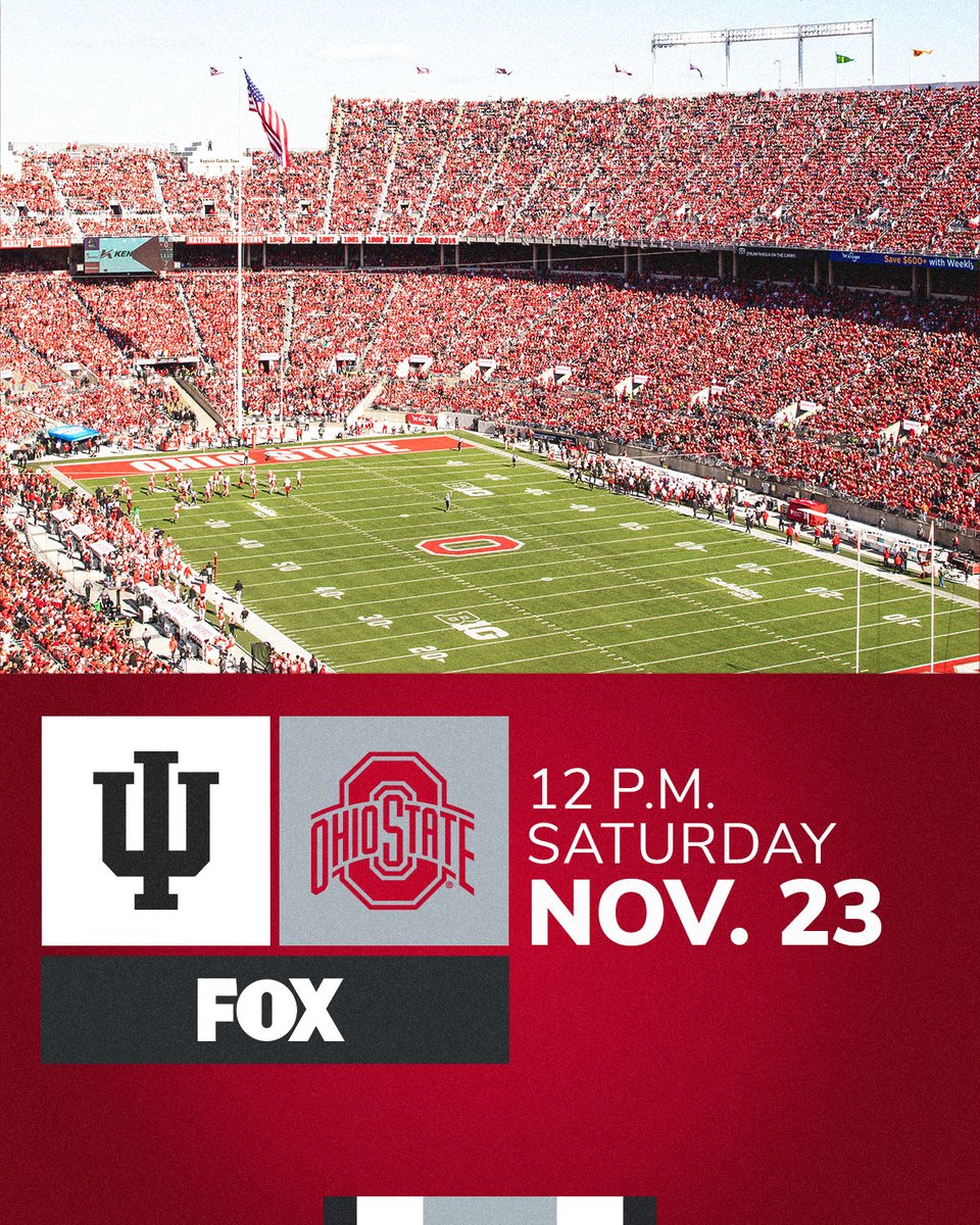 OhioStAthletics's tweet photo. 🚨 Indiana Game Time Announcement ‼️
🌰 🆚 🔴
🏟️ Ohio Stadium 👟
🗓️ Saturday, Nov. 23
📺 @CFBONFOX 
🕛 12 PM
🎟️ https://t.co/xpWbWwAIlO

#GoBucks | @OhioStateFB https://t.co/JQnTGN5hQk