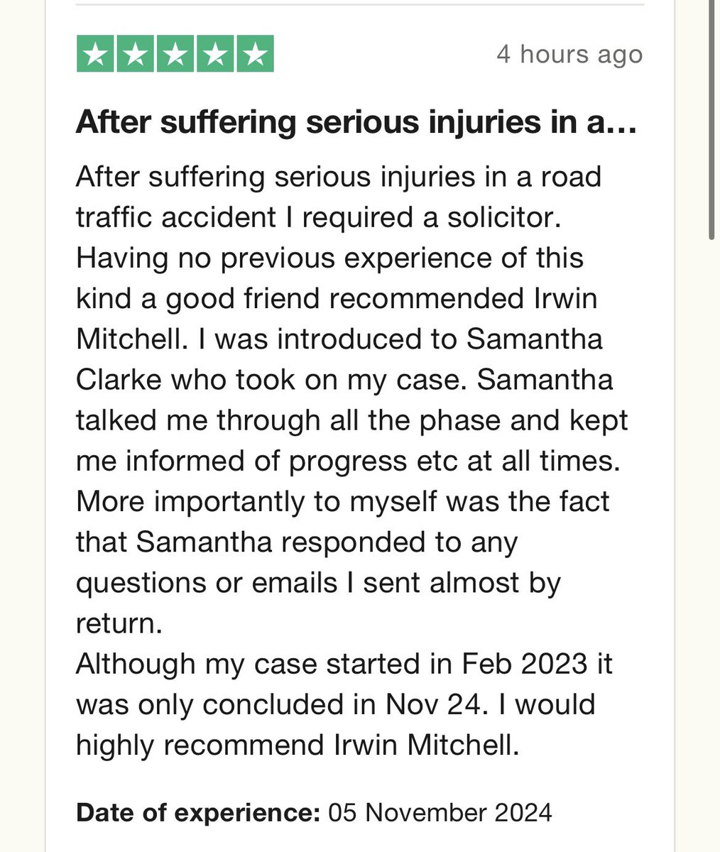 A 6 figure settlement for a client on one case today and a lovely review from another. Not a bad Monday! #personalinjury #settlement #irwinmitchell