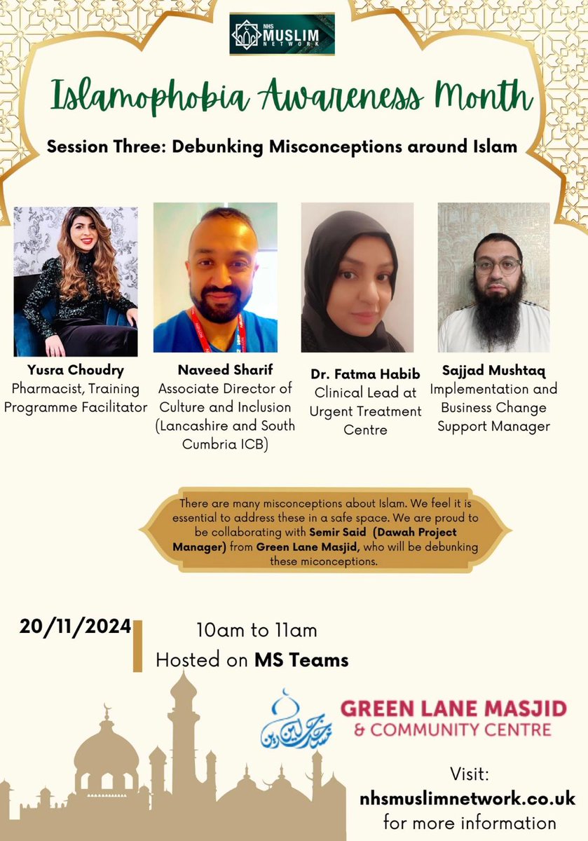 National NHS Muslim Network (@nhsmuslimnet) on Twitter photo Please join our next session: Debunking Misconceptions around Islam nhsmuslimnetwork.co.uk/islamophobia-a…
<a href="/ChrisHopsonNHS/">Chris Hopson</a> <a href="/NavinaEvans/">Dr Navina Evans</a> <a href="/Nav1gSharif/">Naveed Sharif</a> <a href="/fatmaMo30529438/">fatma Habib</a> <a href="/sajjadmushtaq79/">Sajjad</a> <a href="/GreenLaneMasjid/">Green Lane Masjid & Community Centre</a> <a href="/NHSEngland/">NHS England</a> <a href="/NHSMuslimWomen/">NHS Muslim Women</a> <a href="/Muslimdoctors/">Muslim Doctors Association</a> <a href="/BritishIMA/">British Islamic Medical Association</a> <a href="/IslamophobiaAM/">Islamophobia Awareness Month</a> <a href="/MuslimCouncil/">MCB</a> <a href="/NHS/">@NHS</a> Please join our next session: Debunking Misconceptions around Islam nhsmuslimnetwork.co.uk/islamophobia-a…
<a href="/ChrisHopsonNHS/">Chris Hopson</a> <a href="/NavinaEvans/">Dr Navina Evans</a> <a href="/Nav1gSharif/">Naveed Sharif</a> <a href="/fatmaMo30529438/">fatma Habib</a> <a href="/sajjadmushtaq79/">Sajjad</a> <a href="/GreenLaneMasjid/">Green Lane Masjid & Community Centre</a> <a href="/NHSEngland/">NHS England</a> <a href="/NHSMuslimWomen/">NHS Muslim Women</a> <a href="/Muslimdoctors/">Muslim Doctors Association</a> <a href="/BritishIMA/">British Islamic Medical Association</a> <a href="/IslamophobiaAM/">Islamophobia Awareness Month</a> <a href="/MuslimCouncil/">MCB</a> <a href="/NHS/">@NHS</a>