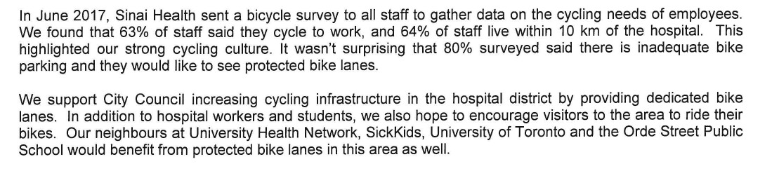 Dylan Reid (@dylan_reid) on Twitter photo Letter from CEO of Sinai Health (Mount Sinai hospital etc.) noting that the *majority* of their employees cycle to work, and they want protected bike lanes (Mount Sinai hospital is on University Ave.) toronto.ca/legdocs/mmis/2… (PDF) h/t <a href="/GraphicMatt/">Matt Elliott</a> Letter from CEO of Sinai Health (Mount Sinai hospital etc.) noting that the *majority* of their employees cycle to work, and they want protected bike lanes (Mount Sinai hospital is on University Ave.) toronto.ca/legdocs/mmis/2… (PDF) h/t <a href="/GraphicMatt/">Matt Elliott</a>