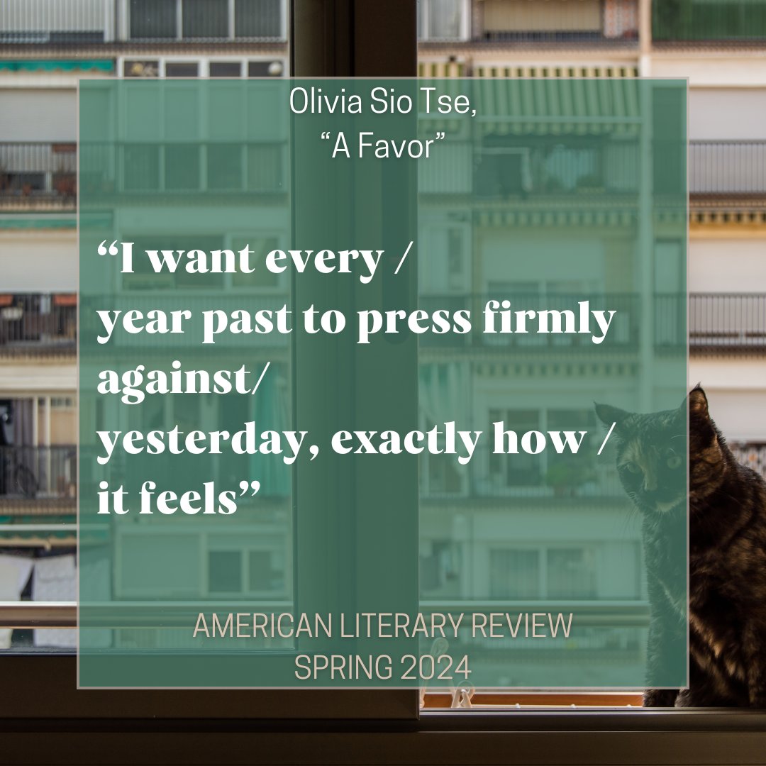 ALitReview's tweet image. Olivia Sio Tse&apos;s &quot;A Favor&quot; examines staying and leaving in the Spring 2024 issue:
americanliteraryreview.com/2024/03/25/oli…

Revisit this work, and keep an eye out for our Fall 2024 issue that is soon to launch this month!