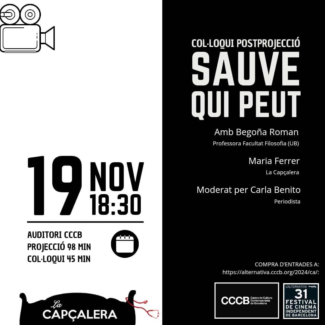 capcalerabcn's tweet image. L'Alternativa, festival de cinema independent, ens ha convidat a participar en un col·loqui després de la projecció de la pel·lícula "Save qui peut", d'Alexe Poukine. 
Auditori CCCB el 19 Novembre a les 18.30h.