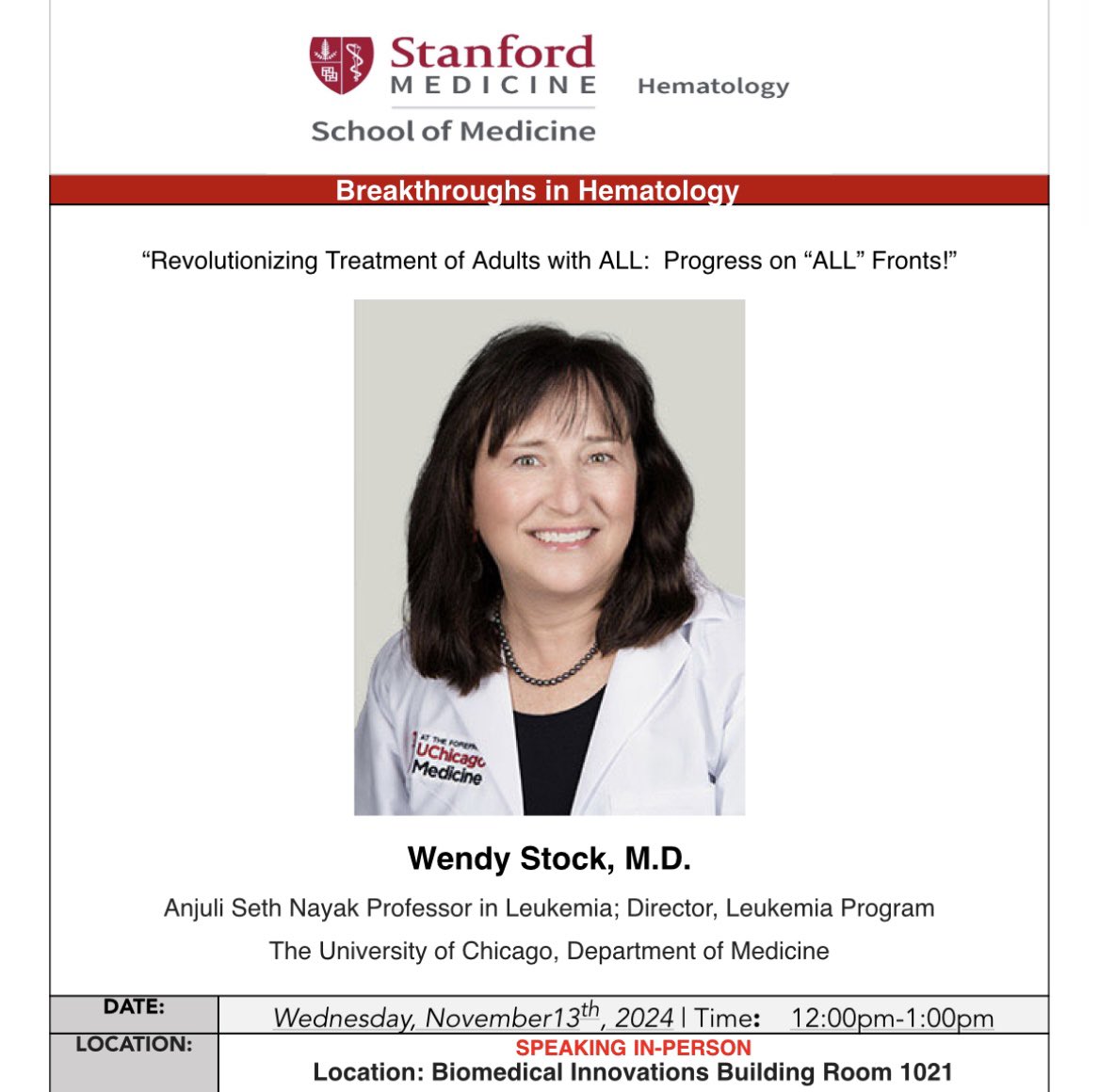 Mullally Lab (@mullallylab) on Twitter photo Looking forward to welcoming Dr. Wendy Stock to <a href="/StanfordHeme/">Stanford Hematology Division</a> this week.
Recent FDA approval of #blinatumomab as consolidation for #acutelymphoblasticleukemia is one of many exciting developments, excited to hear Dr. Stock’s presentation! <a href="/StanfordDeptMed/">Stanford Department of Medicine</a> Looking forward to welcoming Dr. Wendy Stock to <a href="/StanfordHeme/">Stanford Hematology Division</a> this week.
Recent FDA approval of #blinatumomab as consolidation for #acutelymphoblasticleukemia is one of many exciting developments, excited to hear Dr. Stock’s presentation! <a href="/StanfordDeptMed/">Stanford Department of Medicine</a>