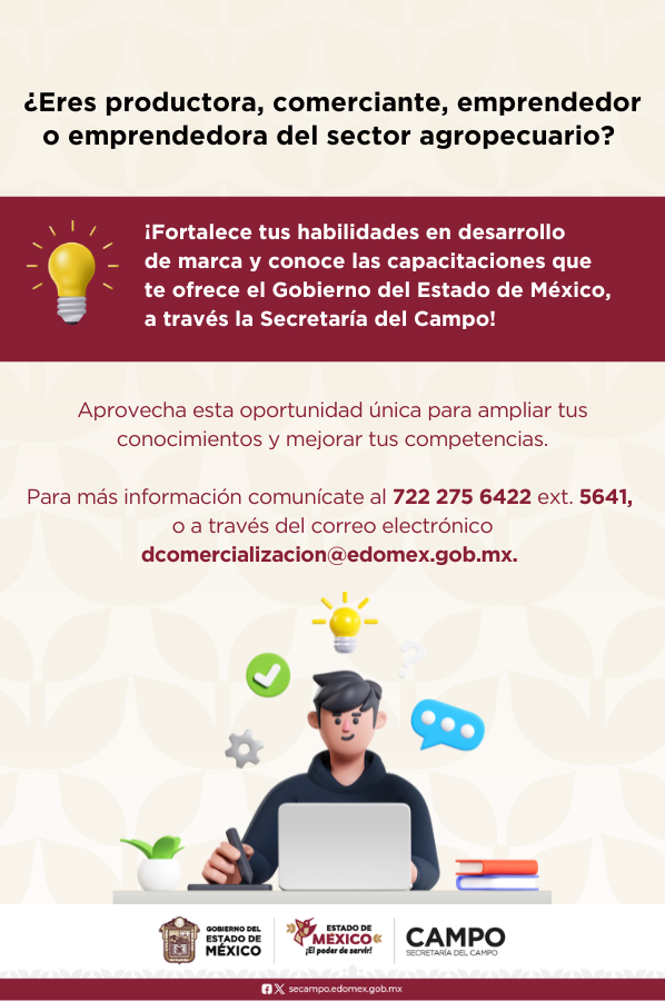 CampoEdomex's tweet photo. La Secretaría del Campo te invita a participar en nuestras capacitaciones gratuitas sobre registro de marca comercio digital y certificación orgánica participativa.

Para más información comunicate al teléfono 722 275 6422 ext: 5641.
#SomosCampo #ElPoderDeServir https://t.co/ptSCaZZDuZ