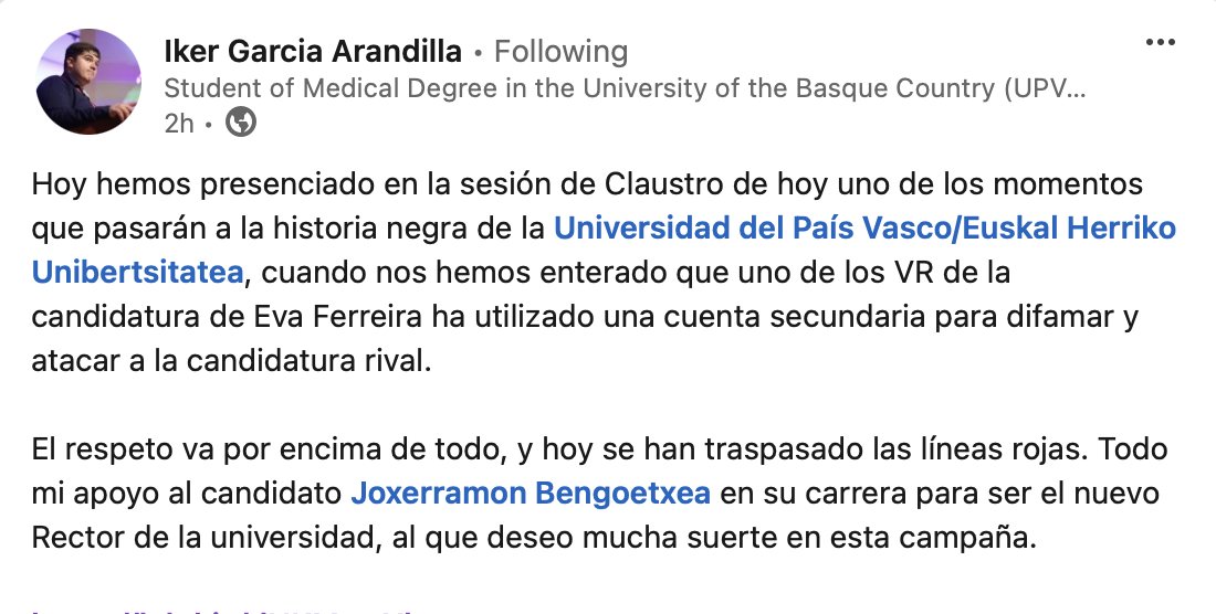Recojo este mensaje de <a href="/IkerGarcia103/">Iker García 🇪🇸 🇪🇺</a> que creo representa como nos hemos sentido hoy toda la comunidad universitaria de la <a href="/upvehu/">UPV/EHU</a>.