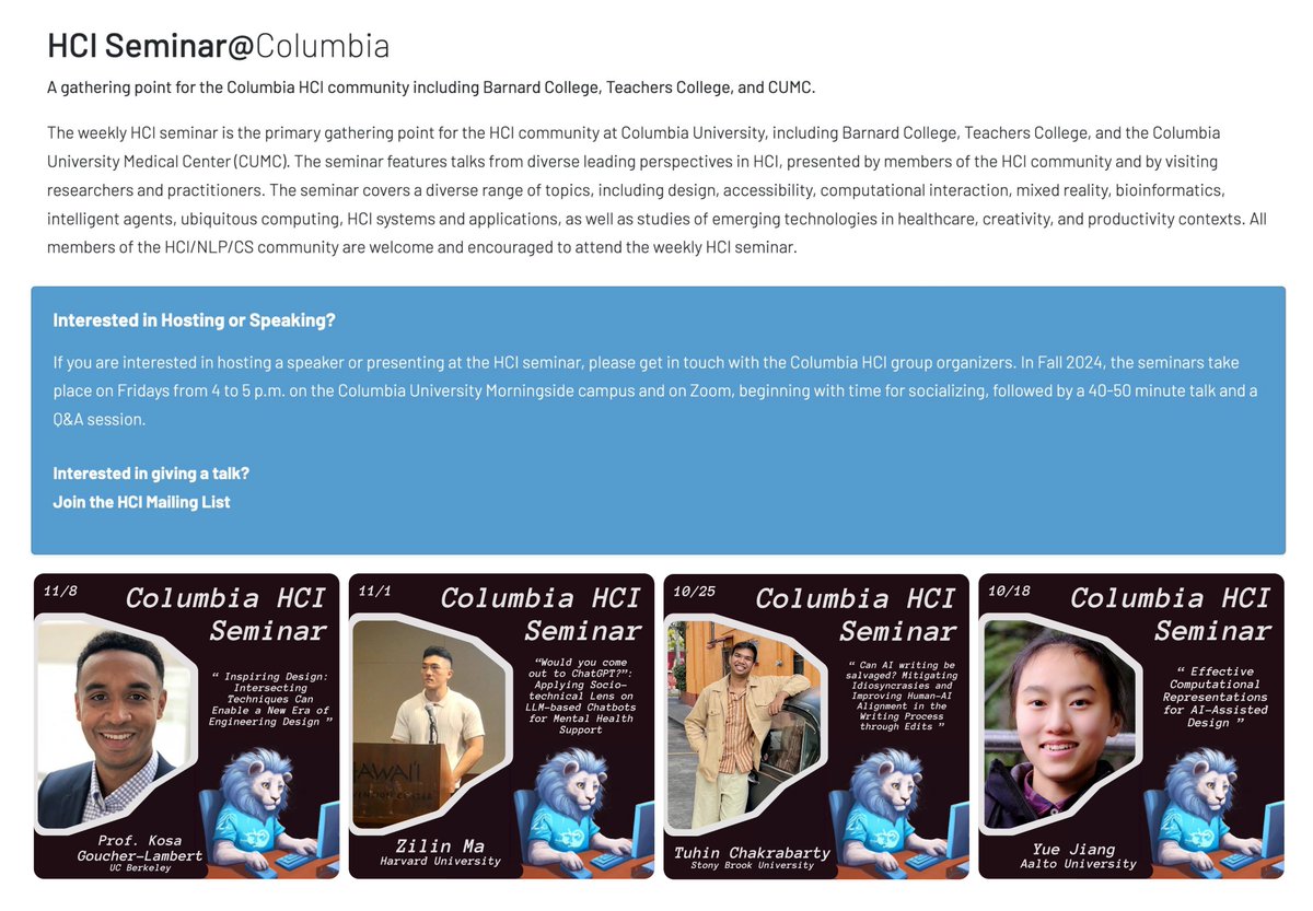 Tao Long (he/him) (@taolongg) on Twitter photo 🦁💙 updates: im now organizing the HCI seminars for <a href="/columbiahci/">Columbia Human-Computer Interaction Group</a> & looking for guest speakers :)
if u do exciting HCI research & ever around in NYC 🗽, LET US KNOW!!! we have few opening this year but we'd love to keep ur names for next year!
details🔗 columbiahci.github.io/#seminar 🦁💙 updates: im now organizing the HCI seminars for <a href="/columbiahci/">Columbia Human-Computer Interaction Group</a> & looking for guest speakers :)
if u do exciting HCI research & ever around in NYC 🗽, LET US KNOW!!! we have few opening this year but we'd love to keep ur names for next year!
details🔗 columbiahci.github.io/#seminar