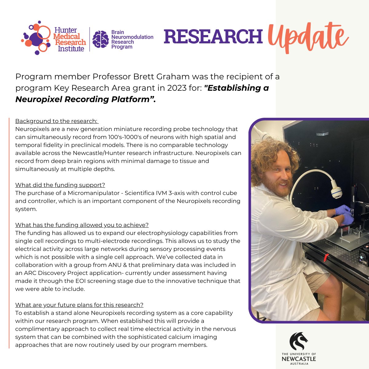 HMRI Brain Neuromodulation Research Program (@newybrains) on Twitter photo RESEARCH UPDATE! Check out how program funding received in 2023 has been invested
#research #science #neuroscience #neuropixels #micromanipulator #calciumimaging
<a href="/HMRIAustralia/">Hunter Medical Research Institute (HMRI)</a> <a href="/Uni_Newcastle/">University of Newcastle</a> <a href="/UON_research/">Uni Newcastle Research</a> <a href="/spinal_cord_guy/">bag874</a> @TJBrowne_SCC RESEARCH UPDATE! Check out how program funding received in 2023 has been invested
#research #science #neuroscience #neuropixels #micromanipulator #calciumimaging
<a href="/HMRIAustralia/">Hunter Medical Research Institute (HMRI)</a> <a href="/Uni_Newcastle/">University of Newcastle</a> <a href="/UON_research/">Uni Newcastle Research</a> <a href="/spinal_cord_guy/">bag874</a> @TJBrowne_SCC