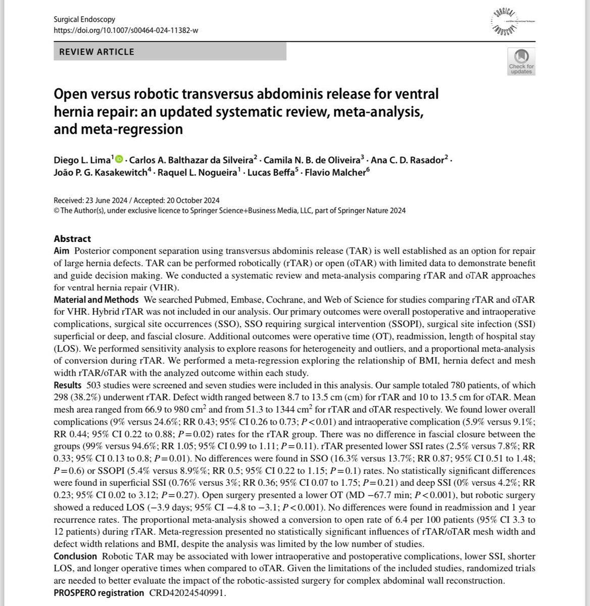 Hot out of the oven 🔥 👨‍🍳 our review comparing open and robotic TAR just published at Surgical Endoscopy. Robotic TAR was associated with lower SSI and lower LOS compared to open. Previous meta-analysis did not find a difference especially because it had 2 studies with hybrid