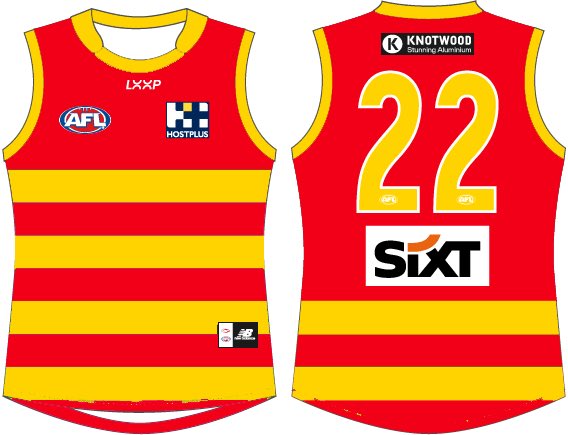 19thDan's tweet photo. I’m firmly of the belief that the GC rebrand should include a more traditional footy jumper

The horizontal lines in the leaked logo had me wondering what a hooped strip might look like… https://t.co/3OJJKVh5aD