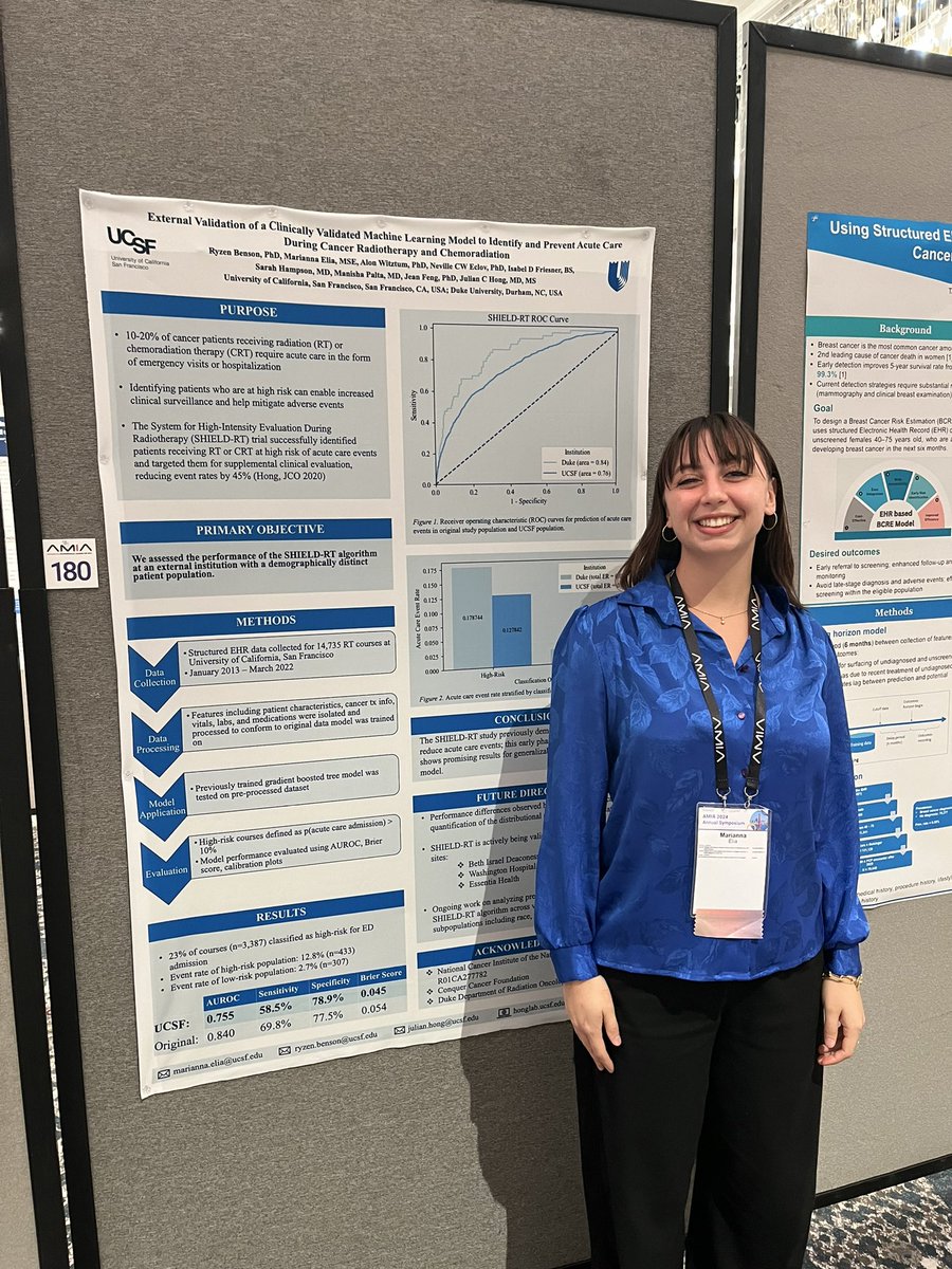 Julian Hong (@julian_hong) on Twitter photo Come by #AMIA2024 poster 180 to see Mari at our poster externally validating our model predicting ER visits and hospitalizations during #radonc treatments at <a href="/UCSF/">UC San Francisco</a>!
<a href="/UCSFCancer/">UCSF Helen Diller Family Comprehensive Cancer Ctr</a> <a href="/UCSF_BCHSI/">UCSF Bakar Computational Health Sciences Institute</a> <a href="/UCSF_DOCIT/">UCSF DoC-IT</a> <a href="/UCJointCPH/">UC Joint Computational Precision Health Program</a> <a href="/DukeRadOnc/">Duke Radiation Oncology</a>
Original trial here:
ascopubs.org/doi/10.1200/JC… Come by #AMIA2024 poster 180 to see Mari at our poster externally validating our model predicting ER visits and hospitalizations during #radonc treatments at <a href="/UCSF/">UC San Francisco</a>!
<a href="/UCSFCancer/">UCSF Helen Diller Family Comprehensive Cancer Ctr</a> <a href="/UCSF_BCHSI/">UCSF Bakar Computational Health Sciences Institute</a> <a href="/UCSF_DOCIT/">UCSF DoC-IT</a> <a href="/UCJointCPH/">UC Joint Computational Precision Health Program</a> <a href="/DukeRadOnc/">Duke Radiation Oncology</a>
Original trial here:
ascopubs.org/doi/10.1200/JC…
