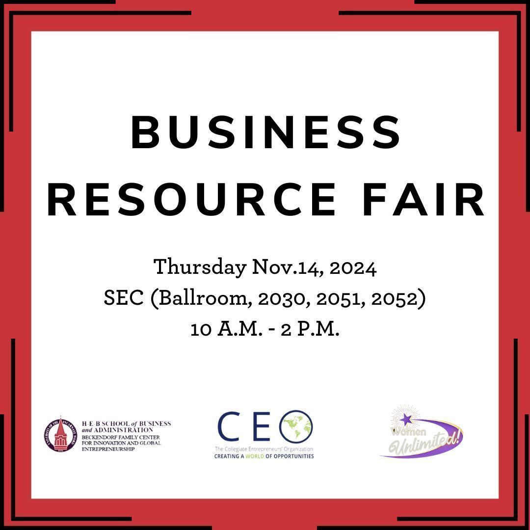 UIWbusiness's tweet photo. The Beckendorf Family Center for Innovation &amp; Global Entrepreneurship, Collegiate Entrepreneurs' Organization, &amp; Women Unlimited San Antonio are hosting a Business Resource Fair! 💼 

🗓️: Thursday, Nov. 14, 2024
📍: SEC
⏰: 10 a.m. - 2 p.m. https://t.co/okXAghSKR4