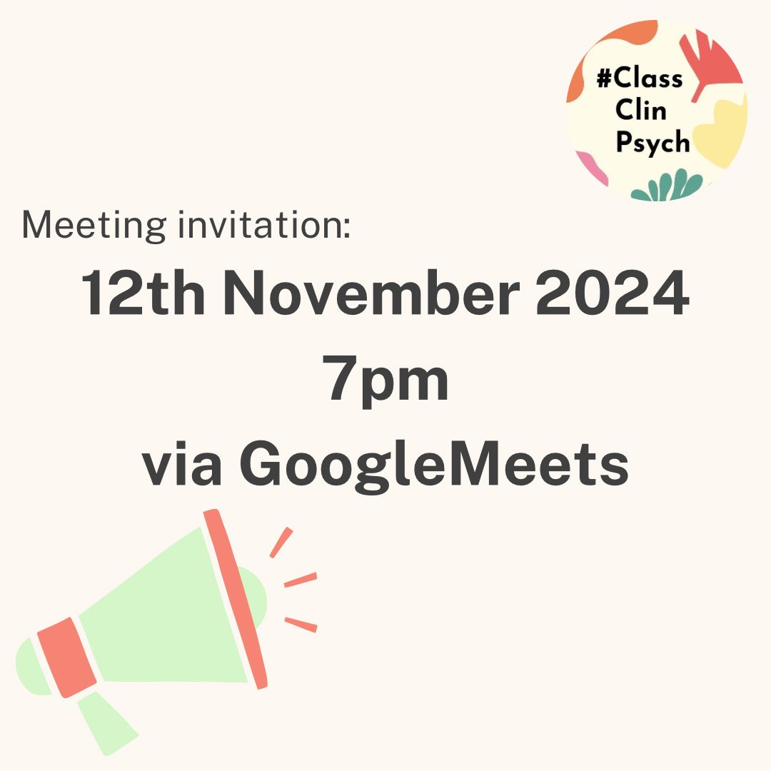 ‼️ Our meetings are back! If you want to hear more about #ClassClinPsych projects and are considering taking an active role in our collective, come along and say hello! 👋 

Meeting link: meet.google.com/wpa-nqqm-rvh