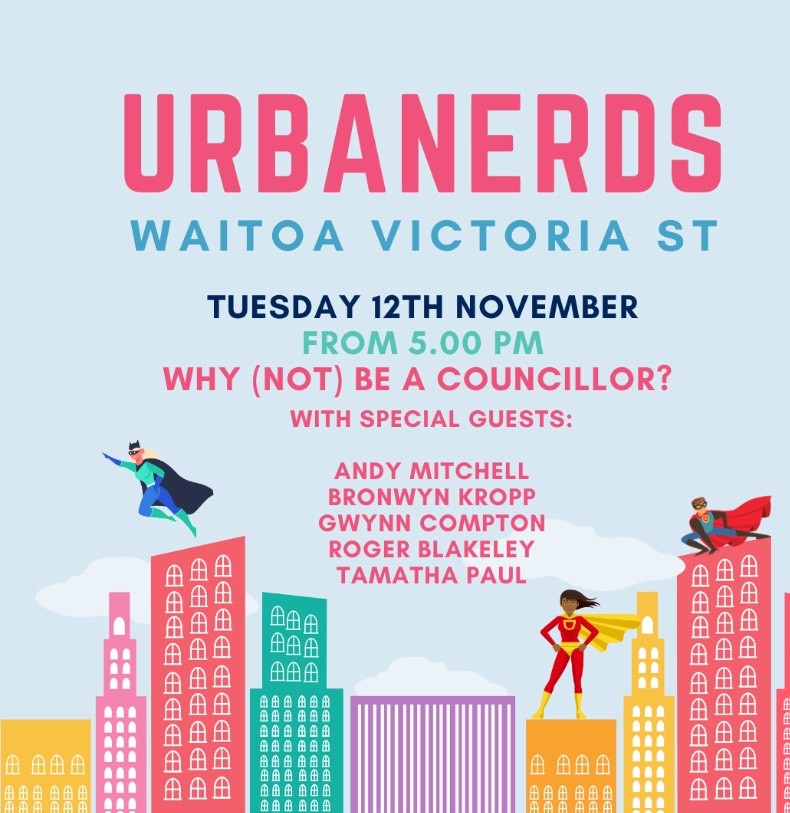 TONIGHT!  Come hear a brace of excellent nerdy councillors, current and past, talk about WHY (NOT) BE A COUNCILLOR?!  Featuring Cllr Andy Mitchell, Bronwyn Kropp, Roger Blakeley, <a href="/gwynncompton/">Gwynn Compton 🏃‍♂️👟</a> and @TamathaPaul  PLUS the usual urban nerding goodness! Come from 5, guests from 6 🥳