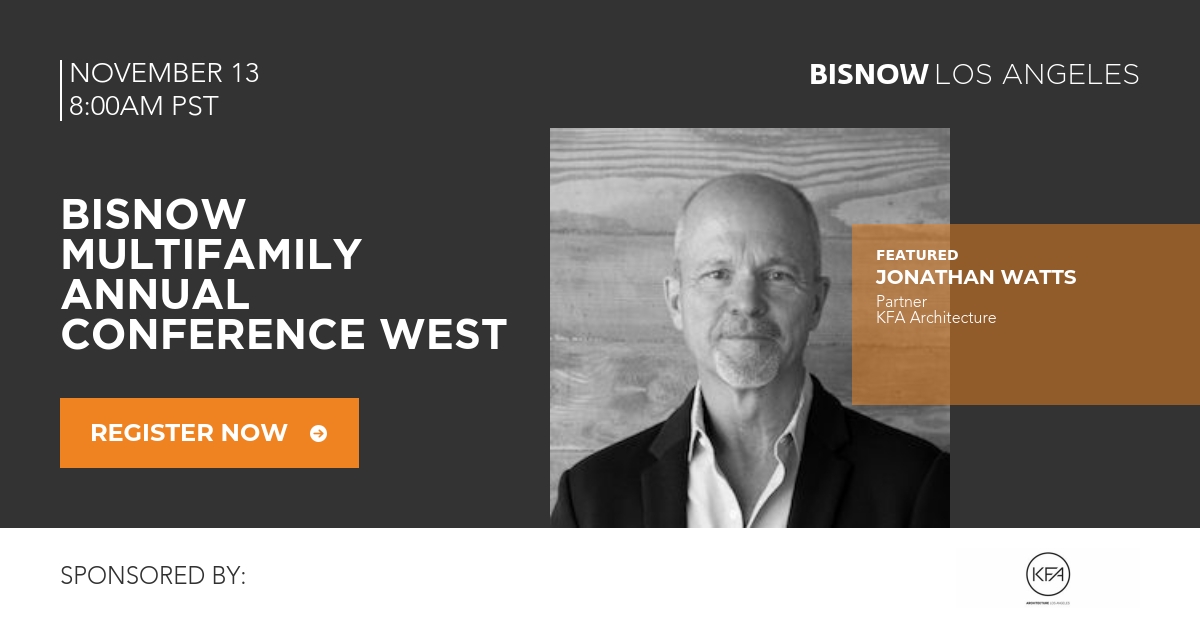 Join KFA’s Jonathan Watts, AIA, at #BisnowMACWest on Nov. 13! 

He’ll be speaking on the design of developing multifamily assets. 

Don’t miss this chance to gain valuable insights. 
Tickets: app.ingo.me/q/99iml 
Use code JOINME for a discount. 

#MultifamilyHousing
