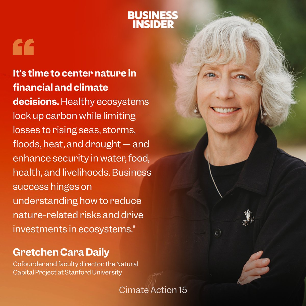 Natural Capital Project (@natcapproject) on Twitter photo NEWS | Gretchen Daily, co-founder and faculty director of NatCap, named Climate Leader on <a href="/BusinessInsider/">Business Insider</a>'s Climate Action list.
She is honored alongside 14 other global trailblazers who are innovating how we approach building a sustainable future: stanford.io/3ADSqqk NEWS | Gretchen Daily, co-founder and faculty director of NatCap, named Climate Leader on <a href="/BusinessInsider/">Business Insider</a>'s Climate Action list.
She is honored alongside 14 other global trailblazers who are innovating how we approach building a sustainable future: stanford.io/3ADSqqk
