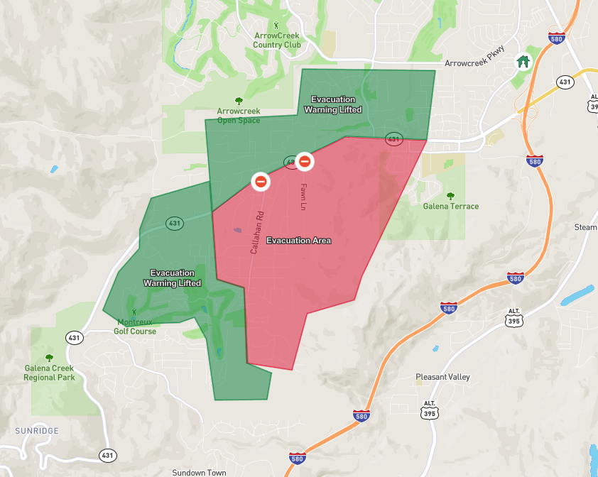 RenoFireDept's tweet photo. Update as of 3:00pm for the #CallahanFire: While forward progress on the fire has stopped, RFD crews remain on scene to assist with suppression and clean up.

Some evacuation orders have been lifted, below is the updated evacuation map as of 2:35pm. For the latest evacuation updates visit https://t.co/6lLaku3FYc

Mt. Rose Hwy has reopened – continue to follow https://t.co/URiZnQileS for updates.

Please continue to allow first responders space to work.

Photo provided by @RenoFirefighter