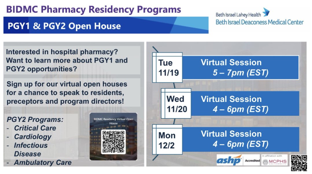 BIDMC Pharmacy Residency Programs (@bidmcpharmres) on Twitter photo We are looking forward to #PharmRes recruitment for next year!
Our PGY1/2 virtual open houses are:
π 11/19: 1700-1900 EST
π 11/20: 1600-1800 EST
π 12/2: 1600-1800 EST
Sign up here: bit.ly/BIDMCPharmRes2β¦
We look forward to meeting you! π
#TwitteRx We are looking forward to #PharmRes recruitment for next year!
Our PGY1/2 virtual open houses are:
π 11/19: 1700-1900 EST
π 11/20: 1600-1800 EST
π 12/2: 1600-1800 EST
Sign up here: bit.ly/BIDMCPharmRes2β¦
We look forward to meeting you! π
#TwitteRx