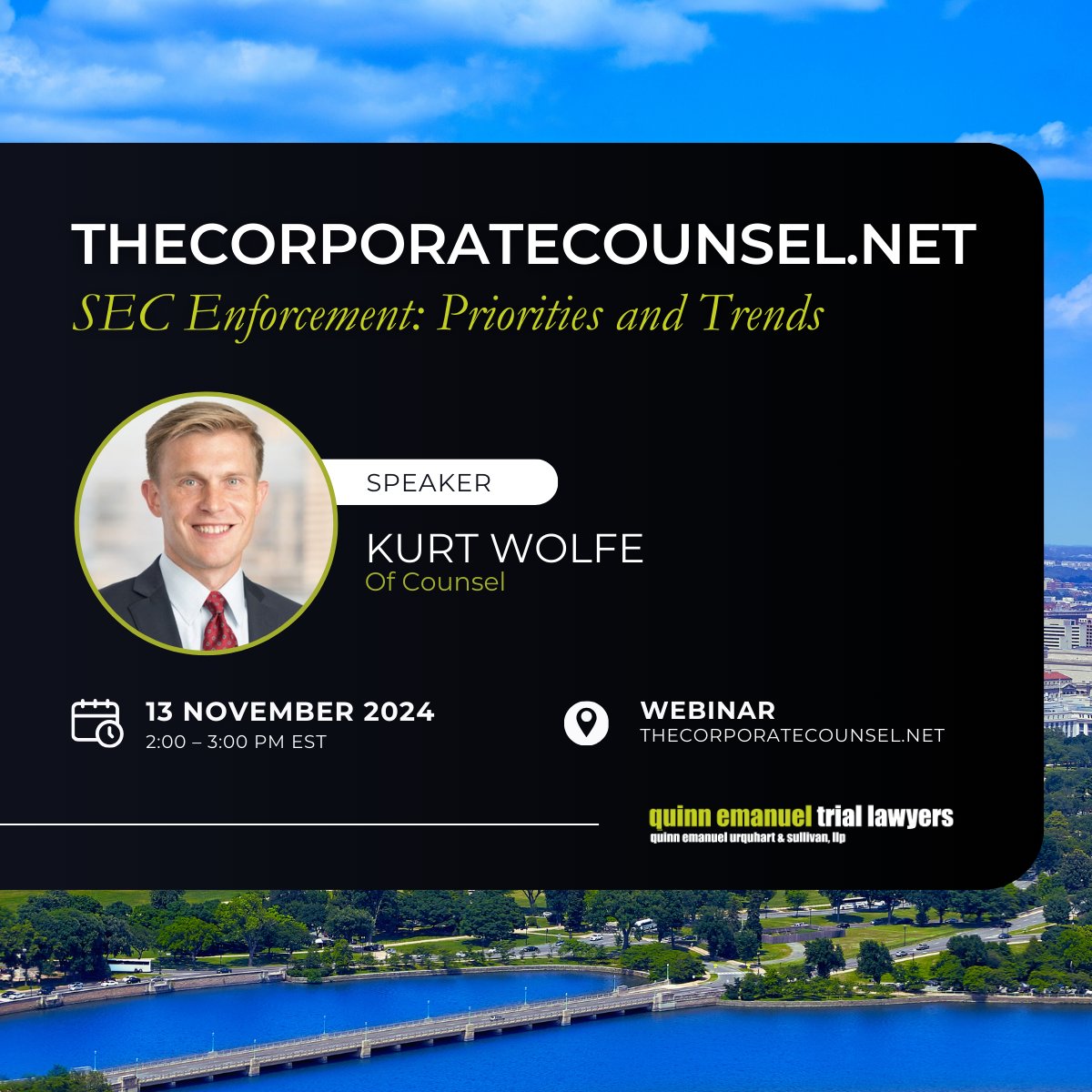quinnemanuel's tweet image. This Wednesday, #QuinnEmanuel Of Counsel Kurt Wolfe will join an expert panel for a TheCorporateCounsel.net webcast on "SEC Enforcement: Priorities and Trends". The panel will address SEC Enforcement activities in 2024 and priorities for 2025.

Register: lnkd.in/gQPVKGMd