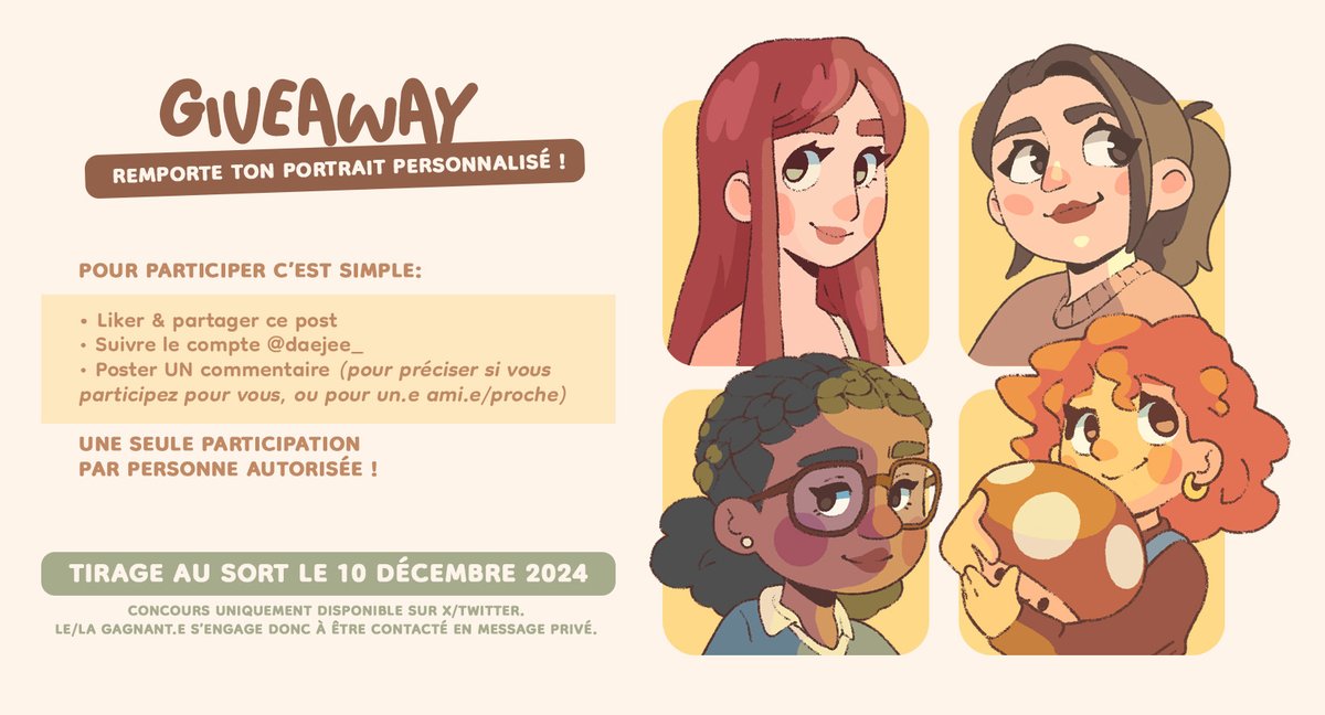 🎁 GIVEAWAY 🎁

Noël approche, et les cadeaux aussi ! 🎄
Tentez de remporter un portrait personnalisé pour vous, un.e ami.e ou même un.e proche (de quoi offrir un cadeau original sous le sapin) !

2 GAGNANTS À LA CLÉ !! ✨
Tirage le 10 décembre !
Bonne chance 🤎